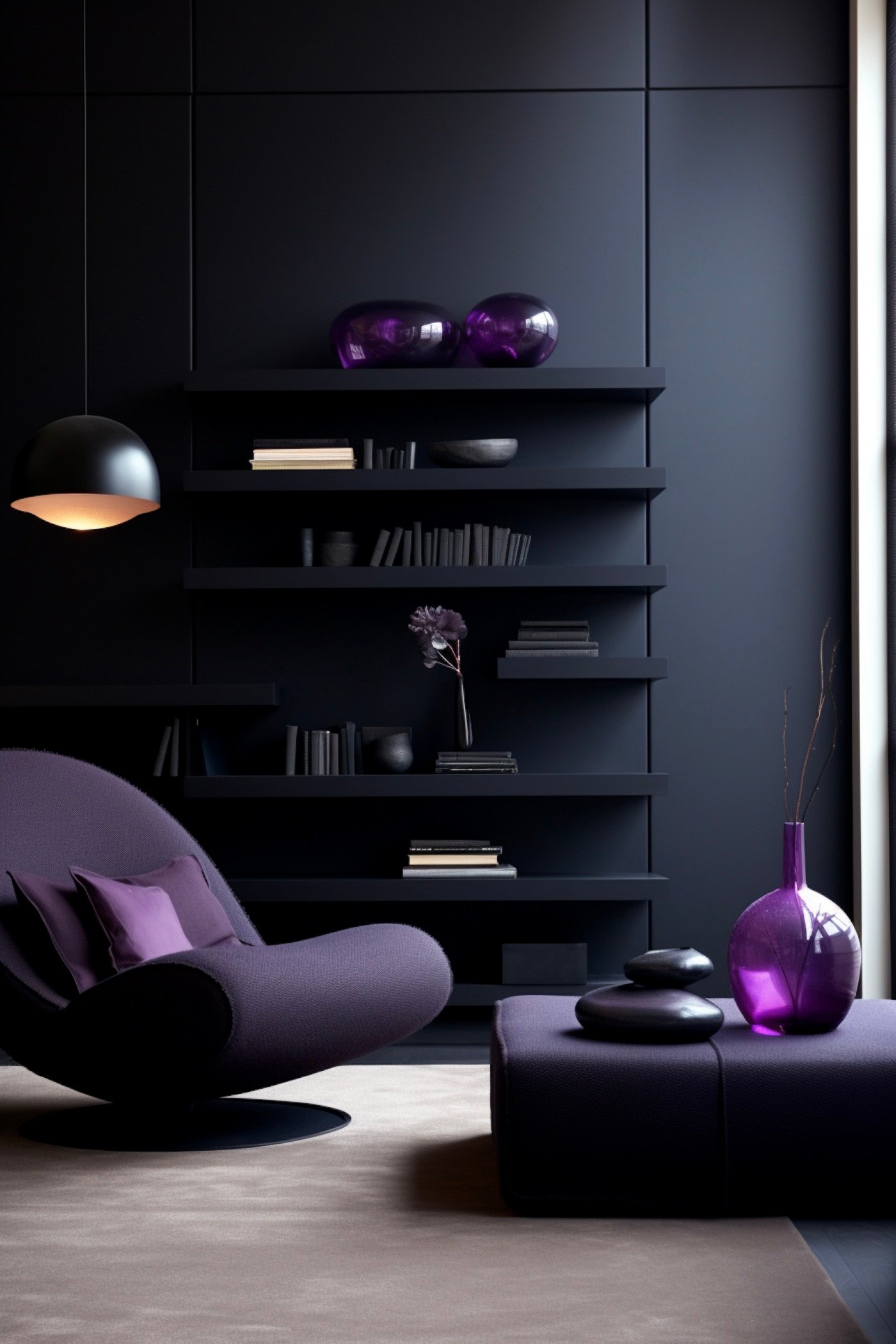 espace lecture bibliothèque mur noir fauteuil lounge