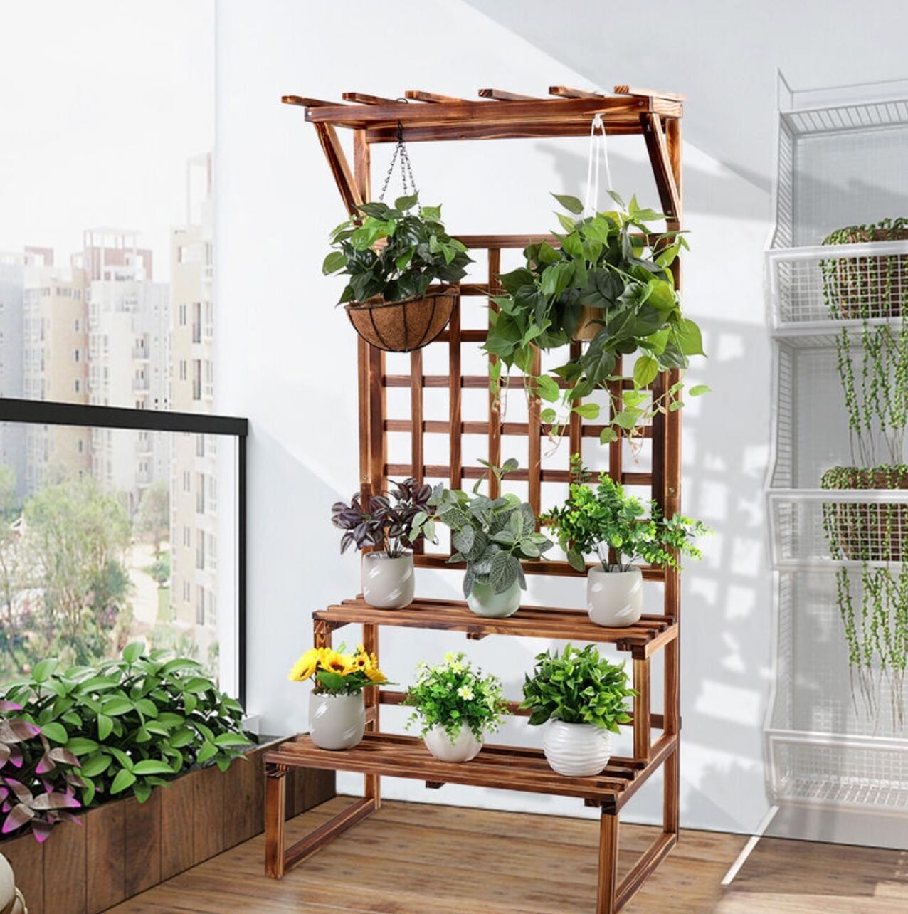 etagere suspension plante verte balcon terrasse bois