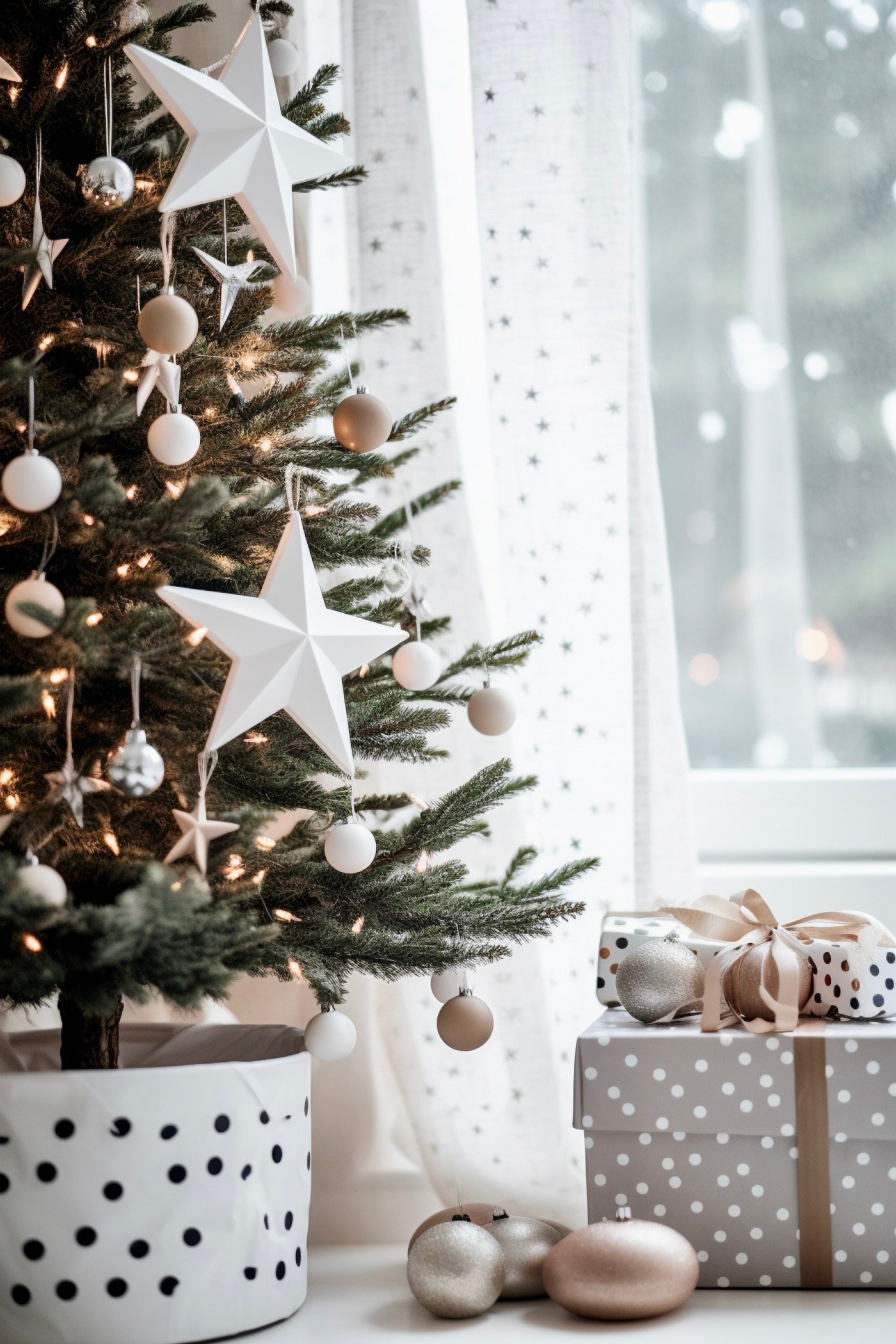 idée décoration sapin étoiles blanches boules marrons rosées