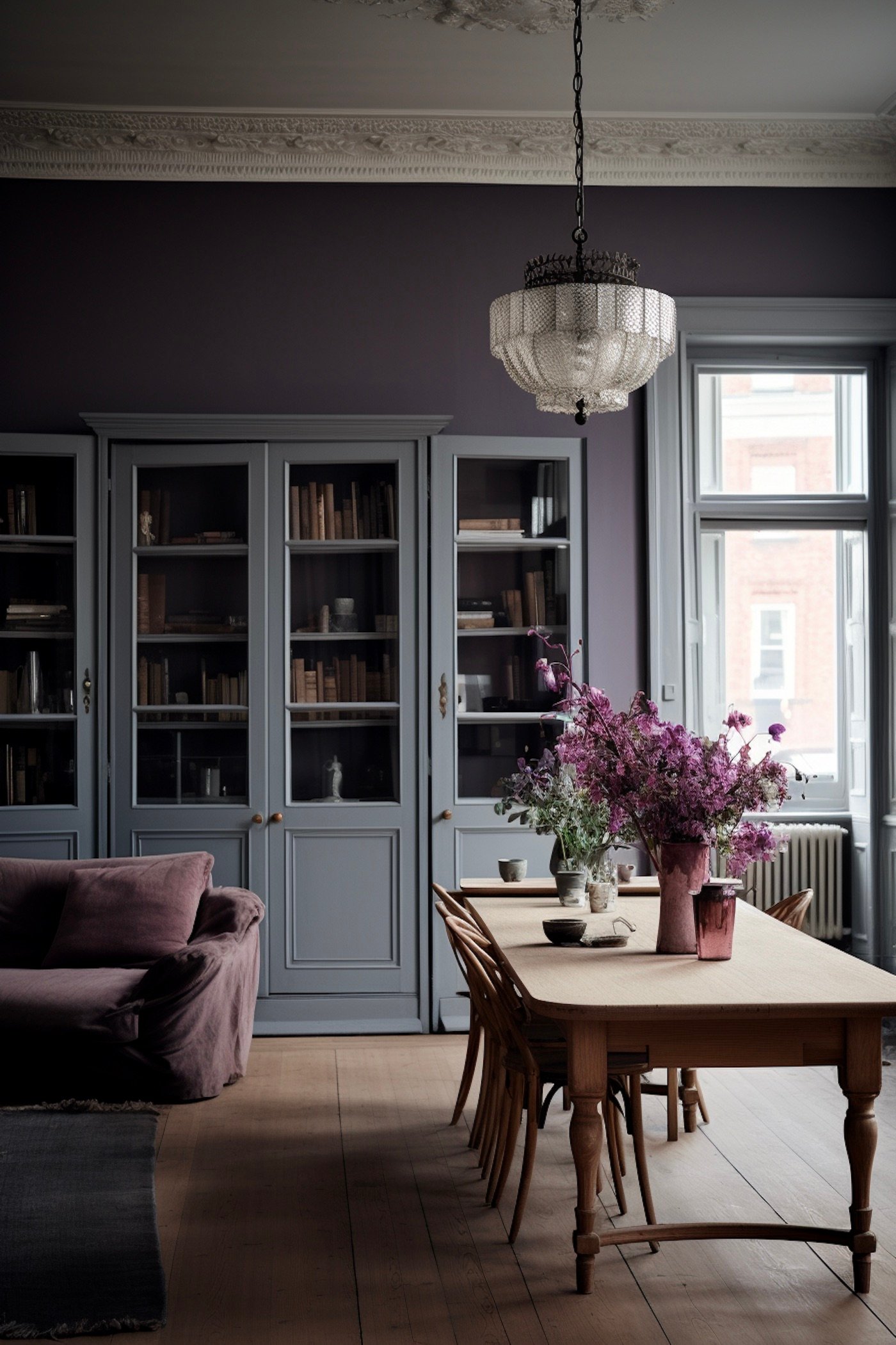 salle à manger campagne colorée sourde pourpre vert bleu gris