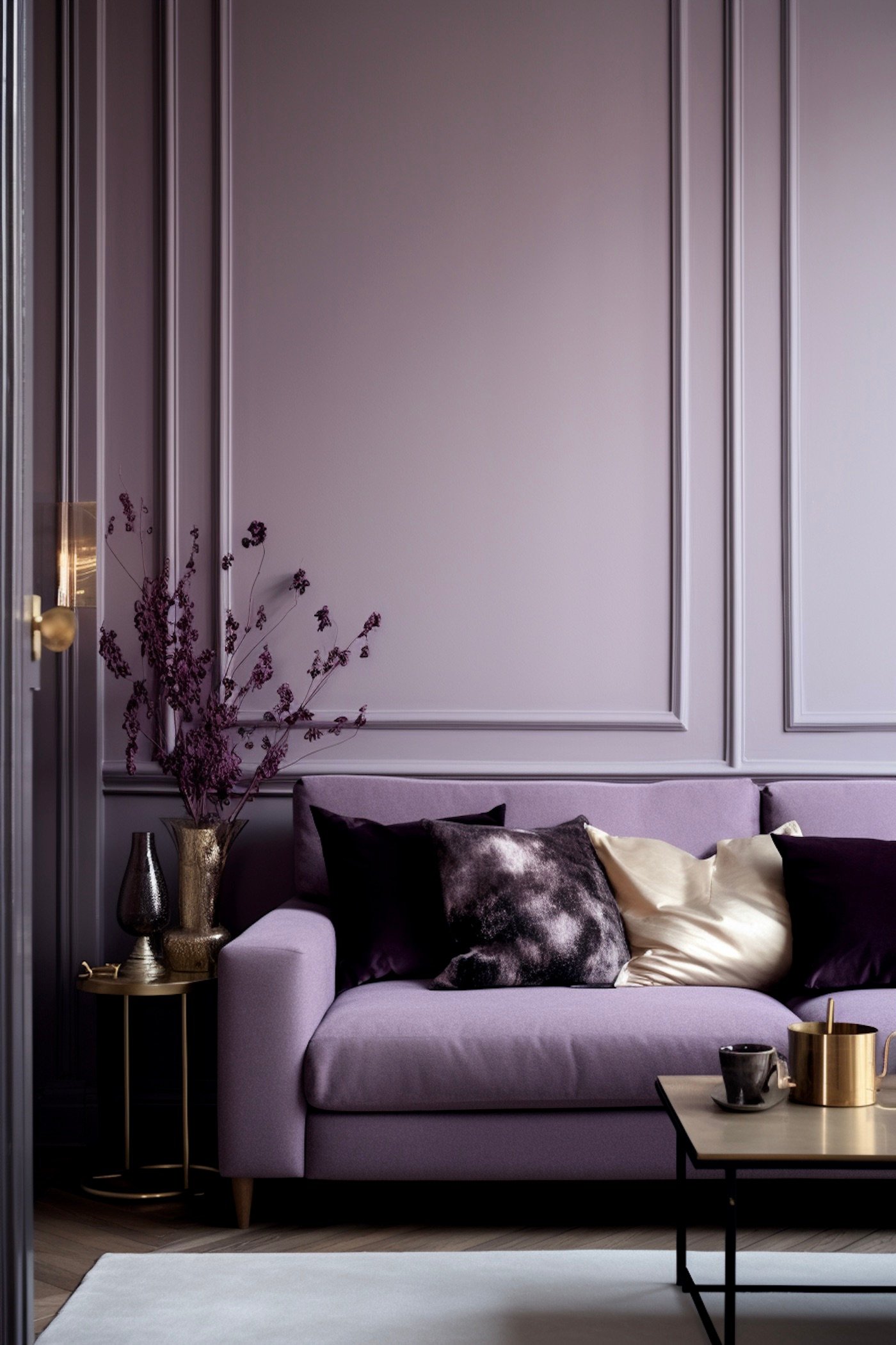 salon décoration couleur pourpre accent Art Déco laiton