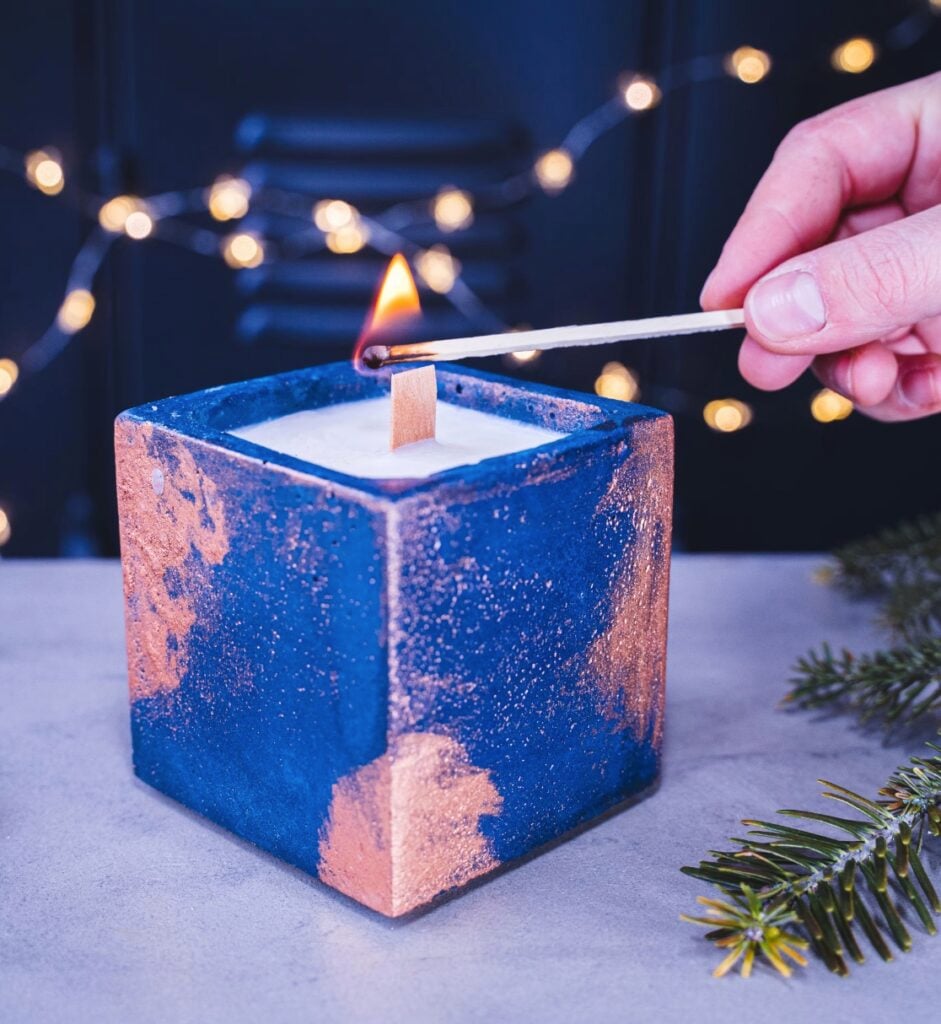 bougie beton bleu dore deco noel