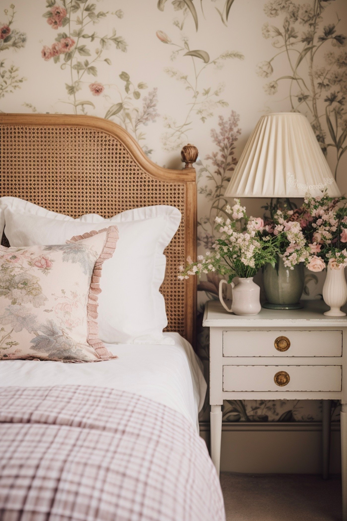 chambre cottage anglais lit double bois papier peint fleuri