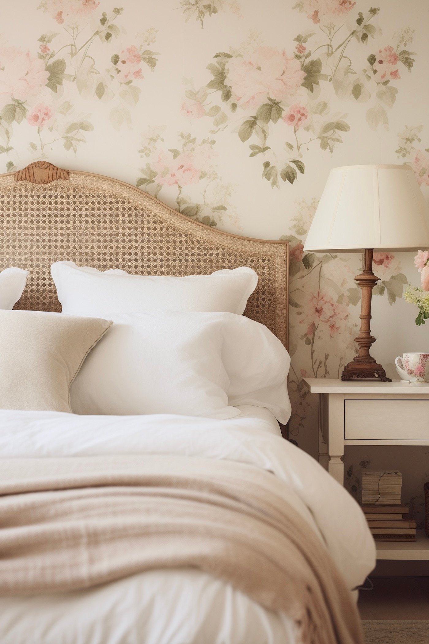 chambre lit double cannage beige papier peint vintage retro