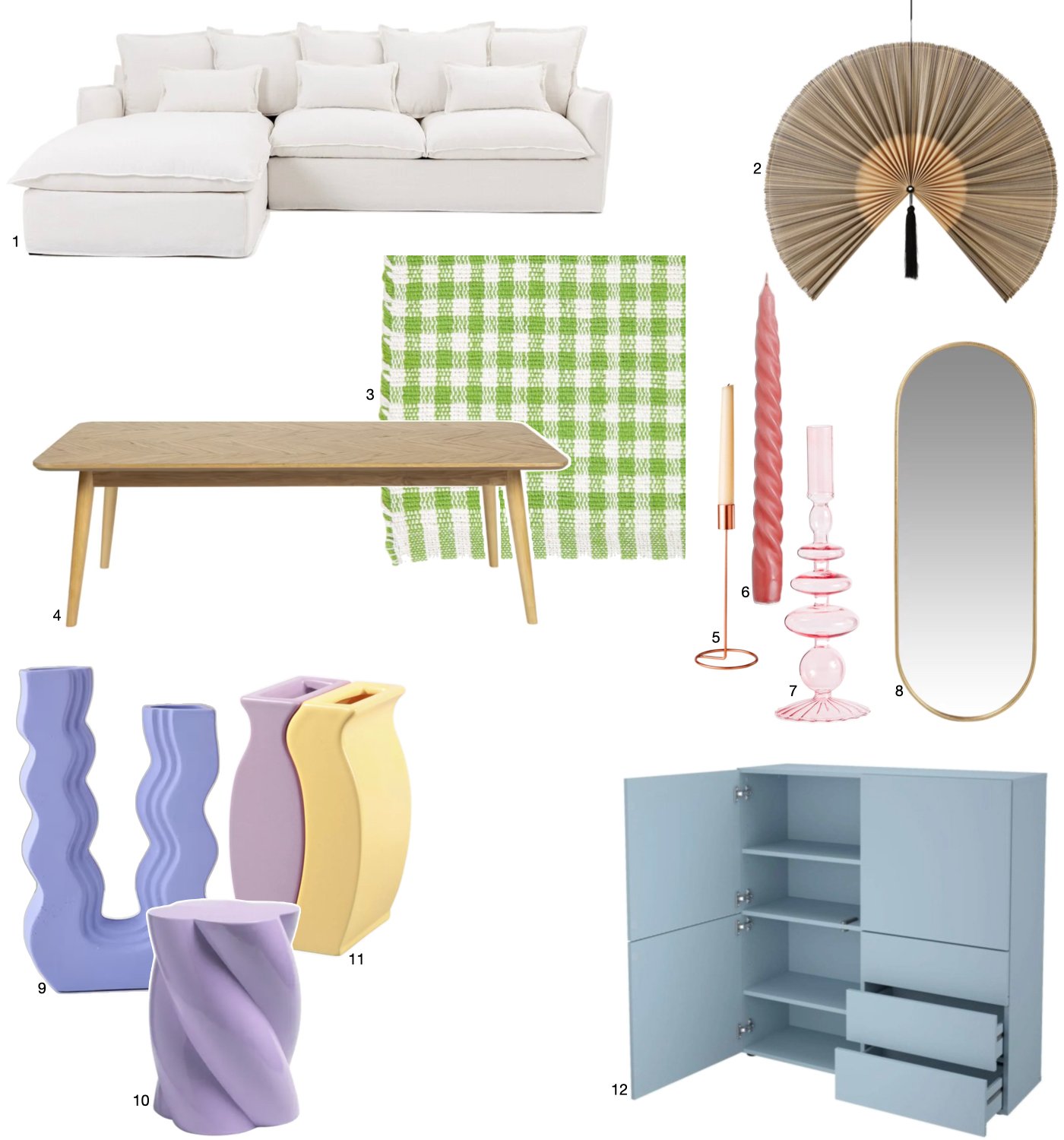 commode bleu pastel bougeoir violet vase jaune canape angle blanc