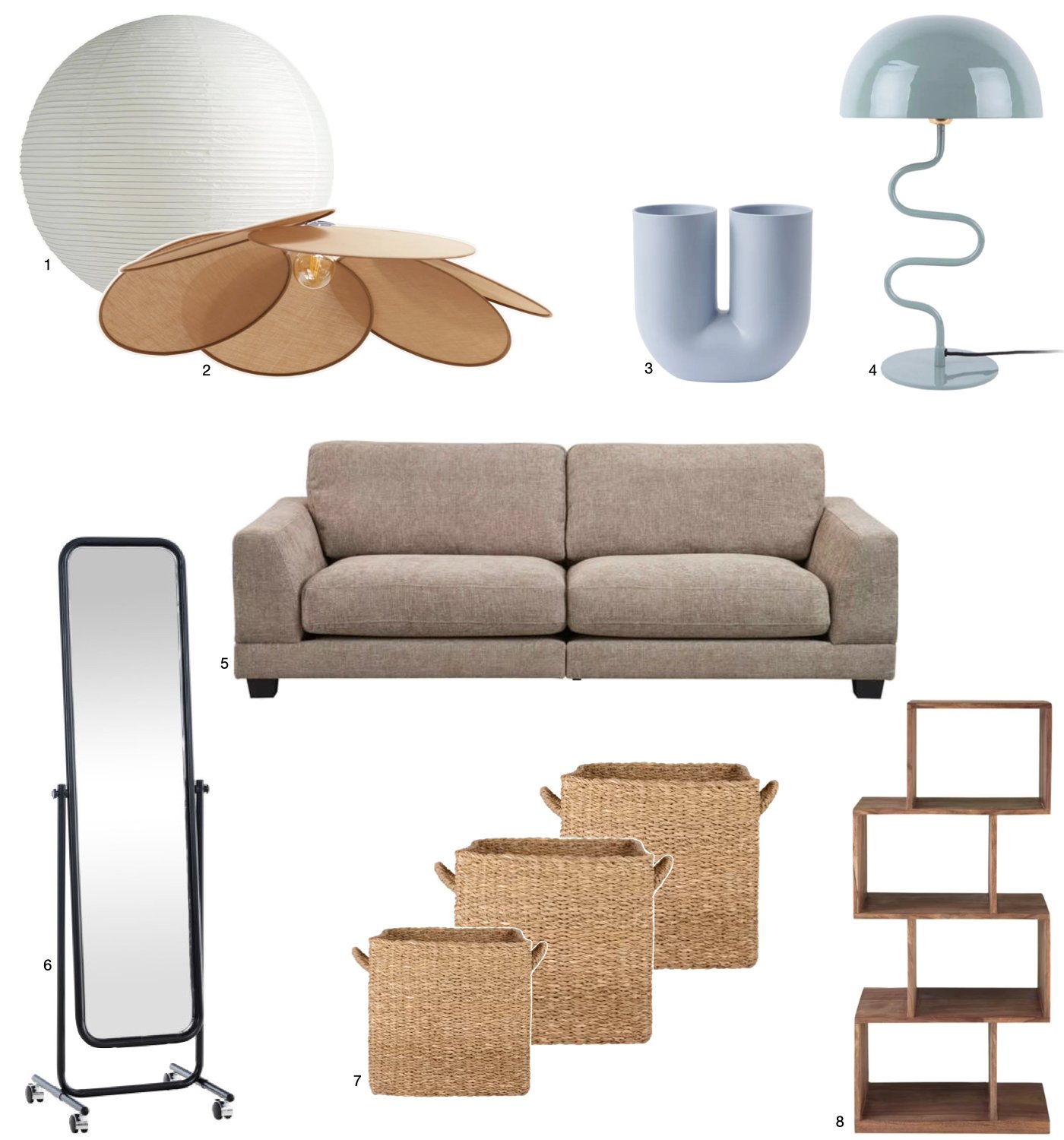 deco epuree contemporain miroir lampe canape meuble bois bleu