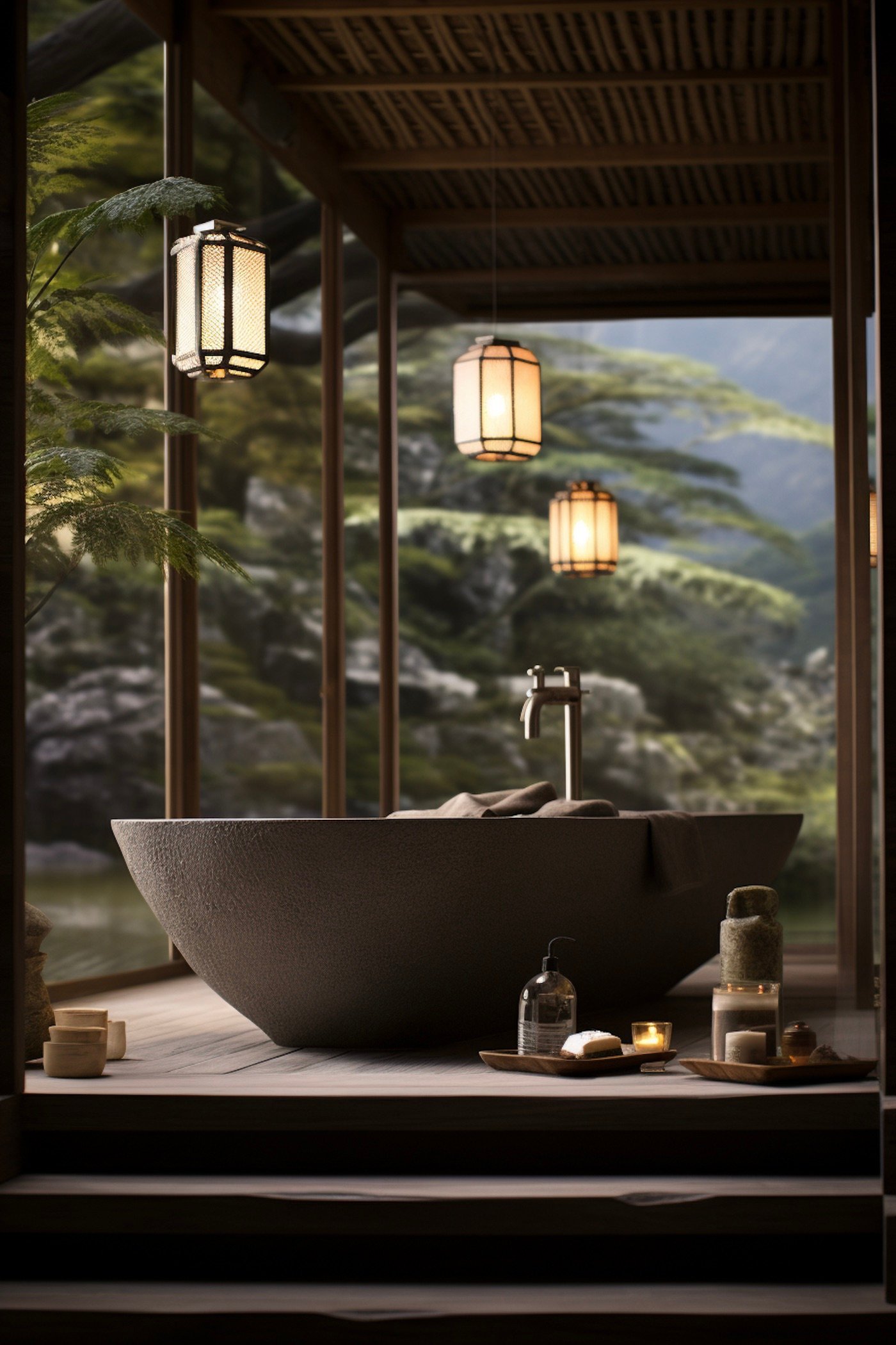 deco salle de bain spa baignoire beton lampion lampe suspendue bougie