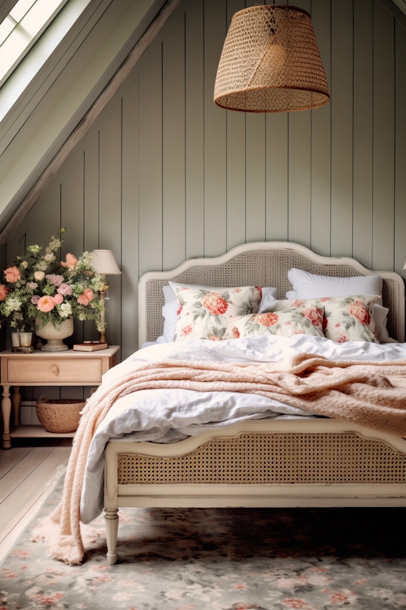 deco tendance mur bois lame tapis fleuri champetre cannage