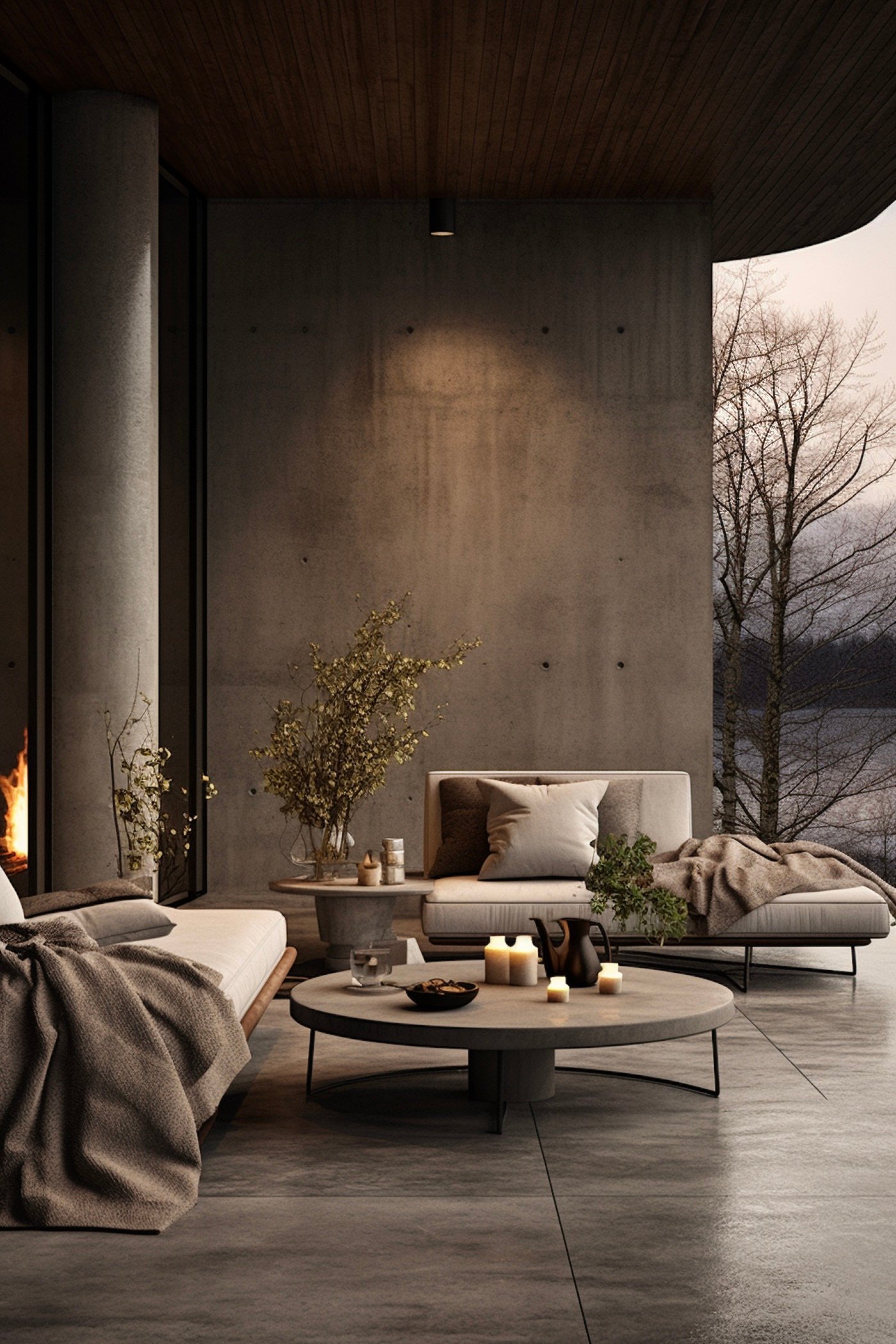 salon exterieur canape coussin gris table basse ronde