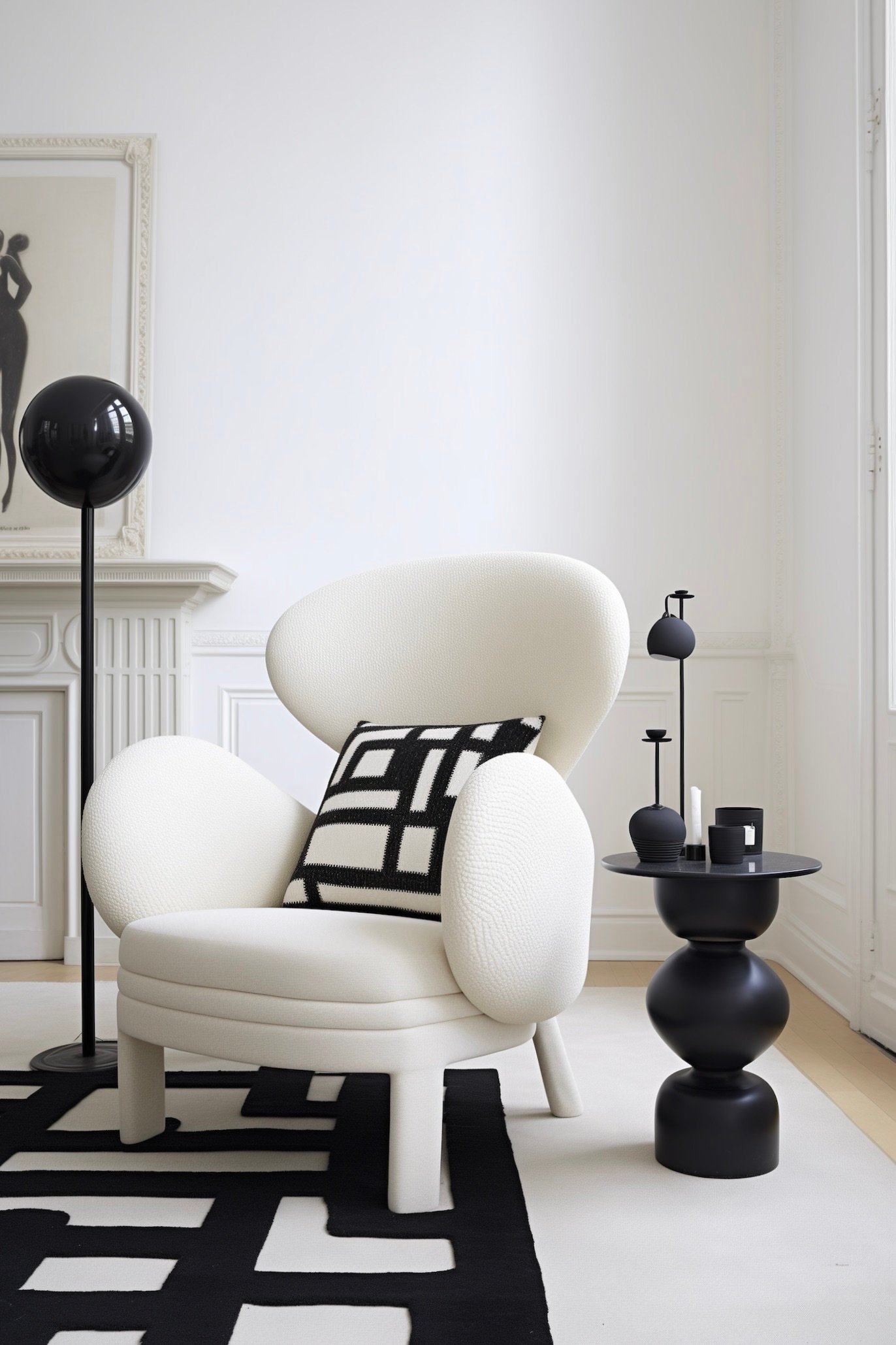 Salon style années 60 déco noir et blanc fauteuil rond bouclettes
