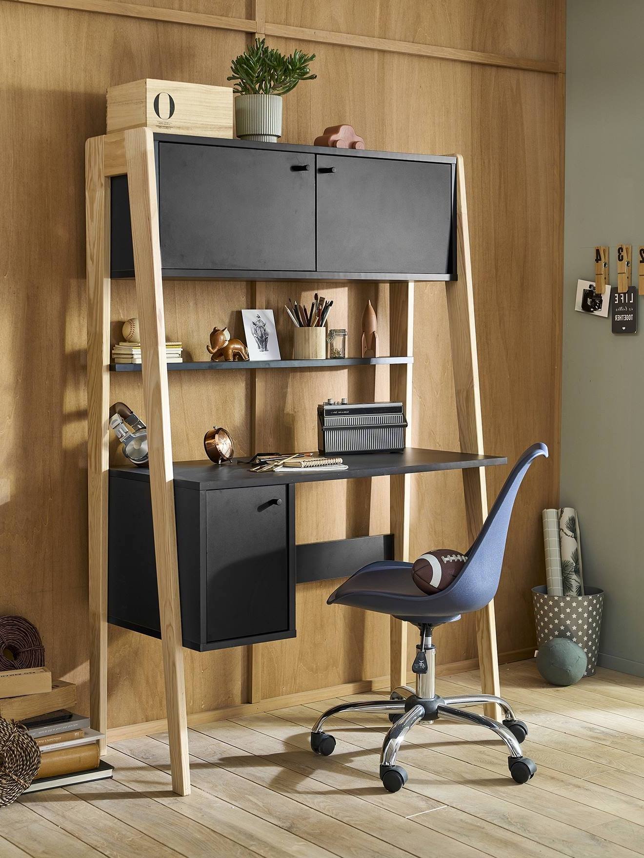 bureau étroit noir bois ado avec rangements