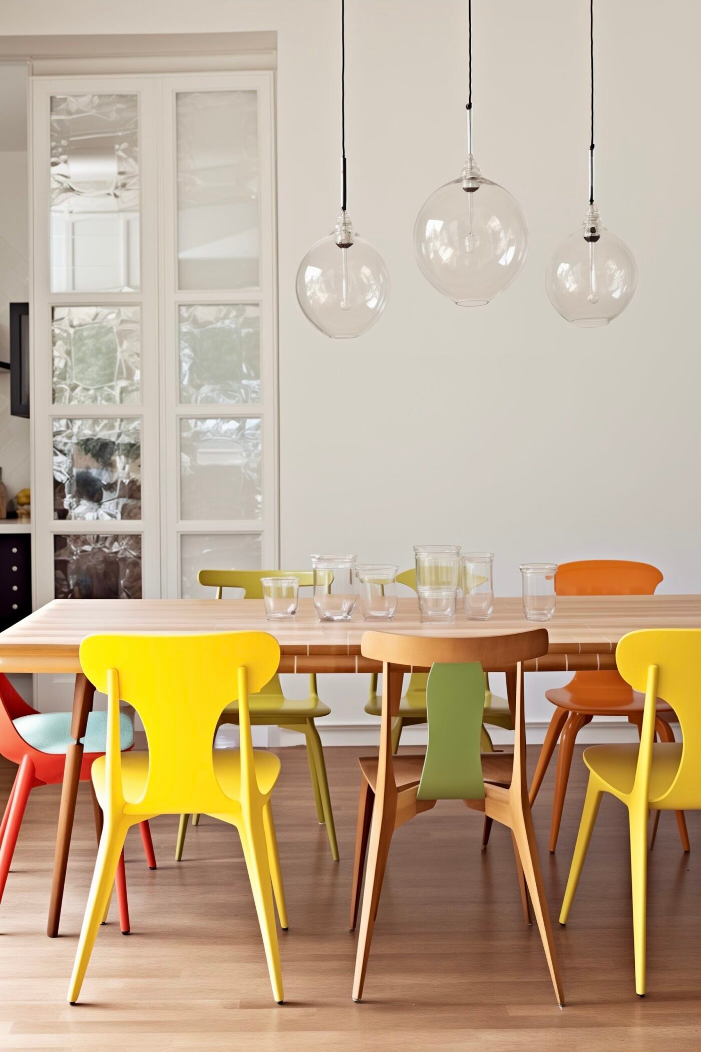 chaises dépareillées assortiment rouge vert jaune salle à manger