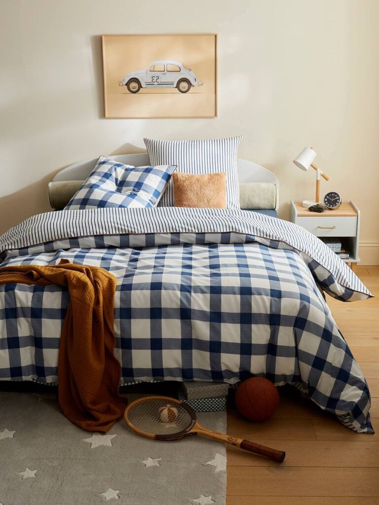 housse couette rayures carreaux bleu chambre ado