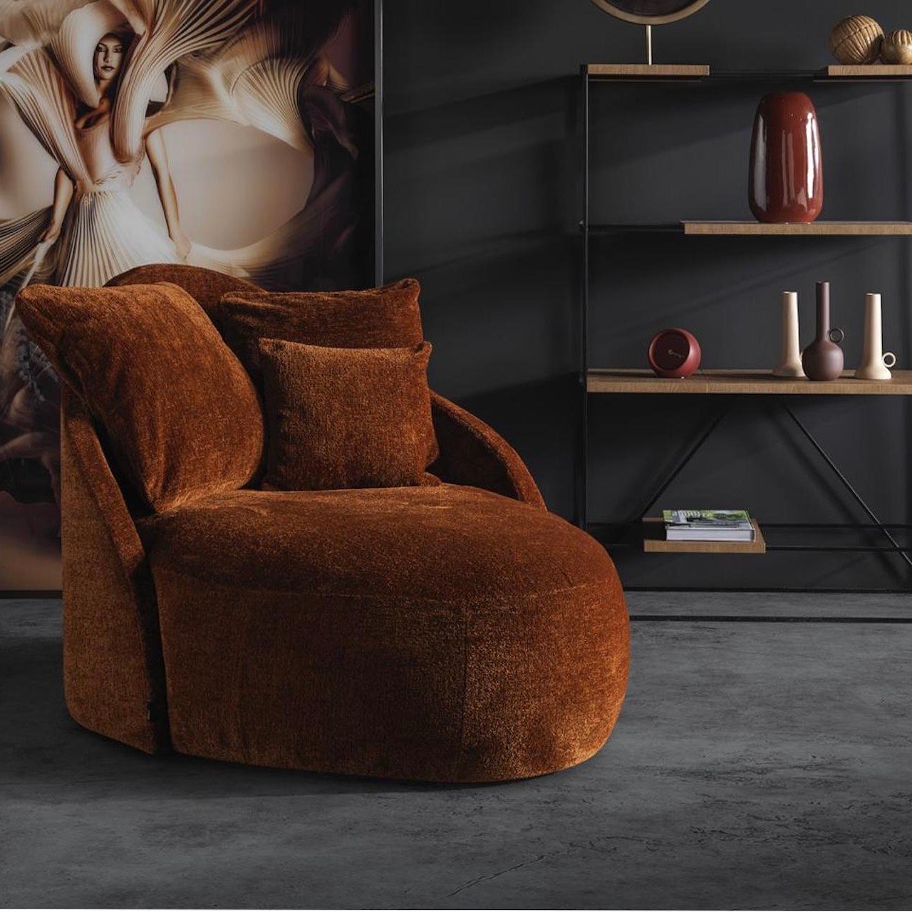 fauteuil rond velours crapaud orange lounge
