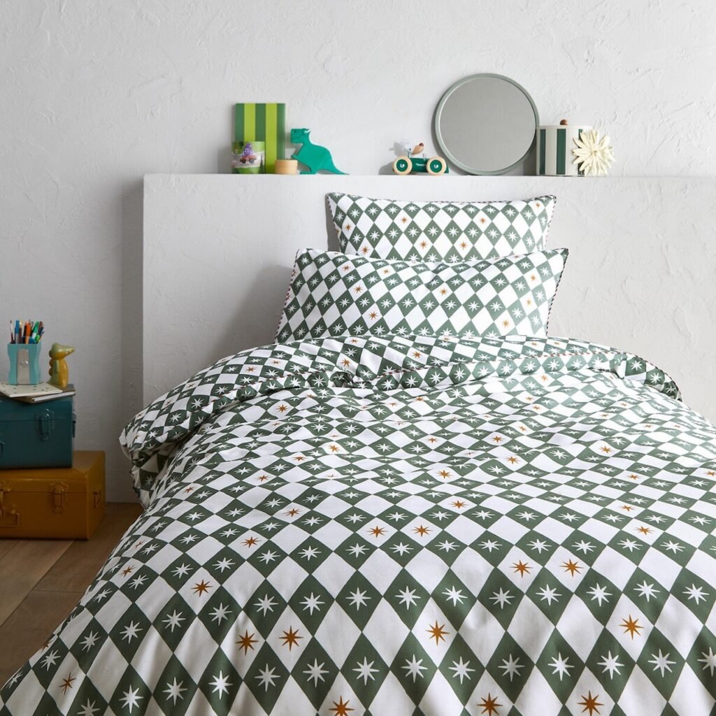 housse de couette arlequin vert coton bio recyclé