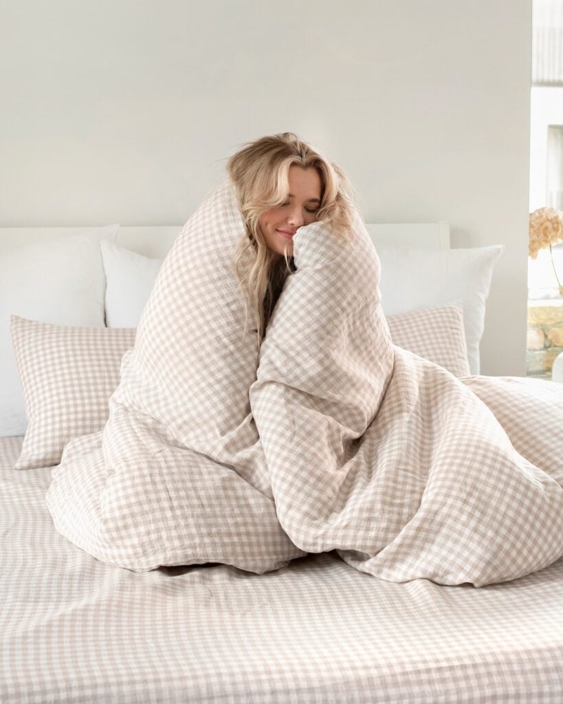 linge de lit vichy beige blanc housse couette douceur