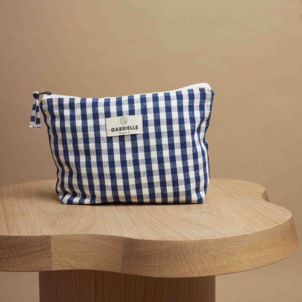 trousse de toilettes petits carreaux lin bleu blanc