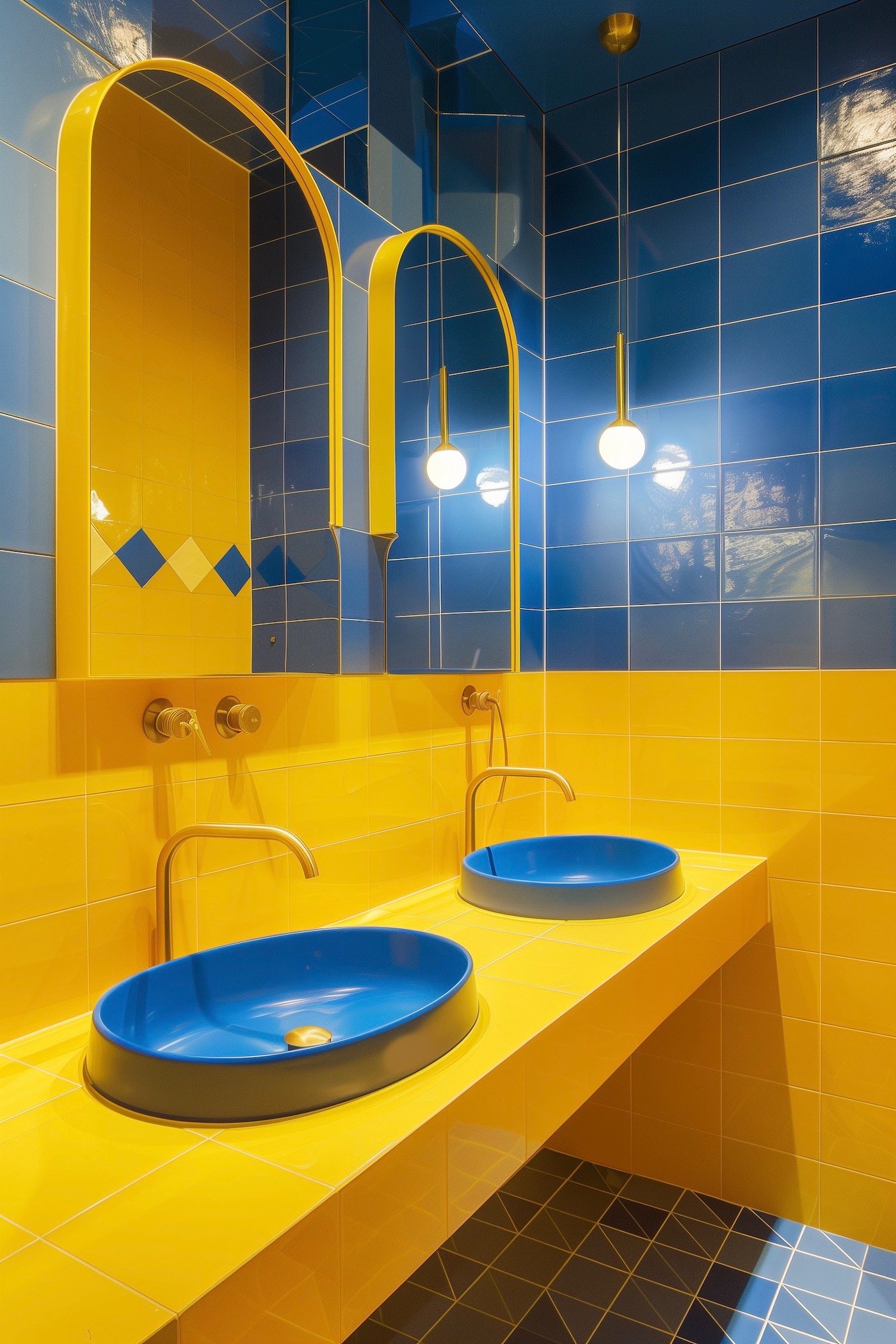 WC pop décoration bicolore bleu roi jaune soleil