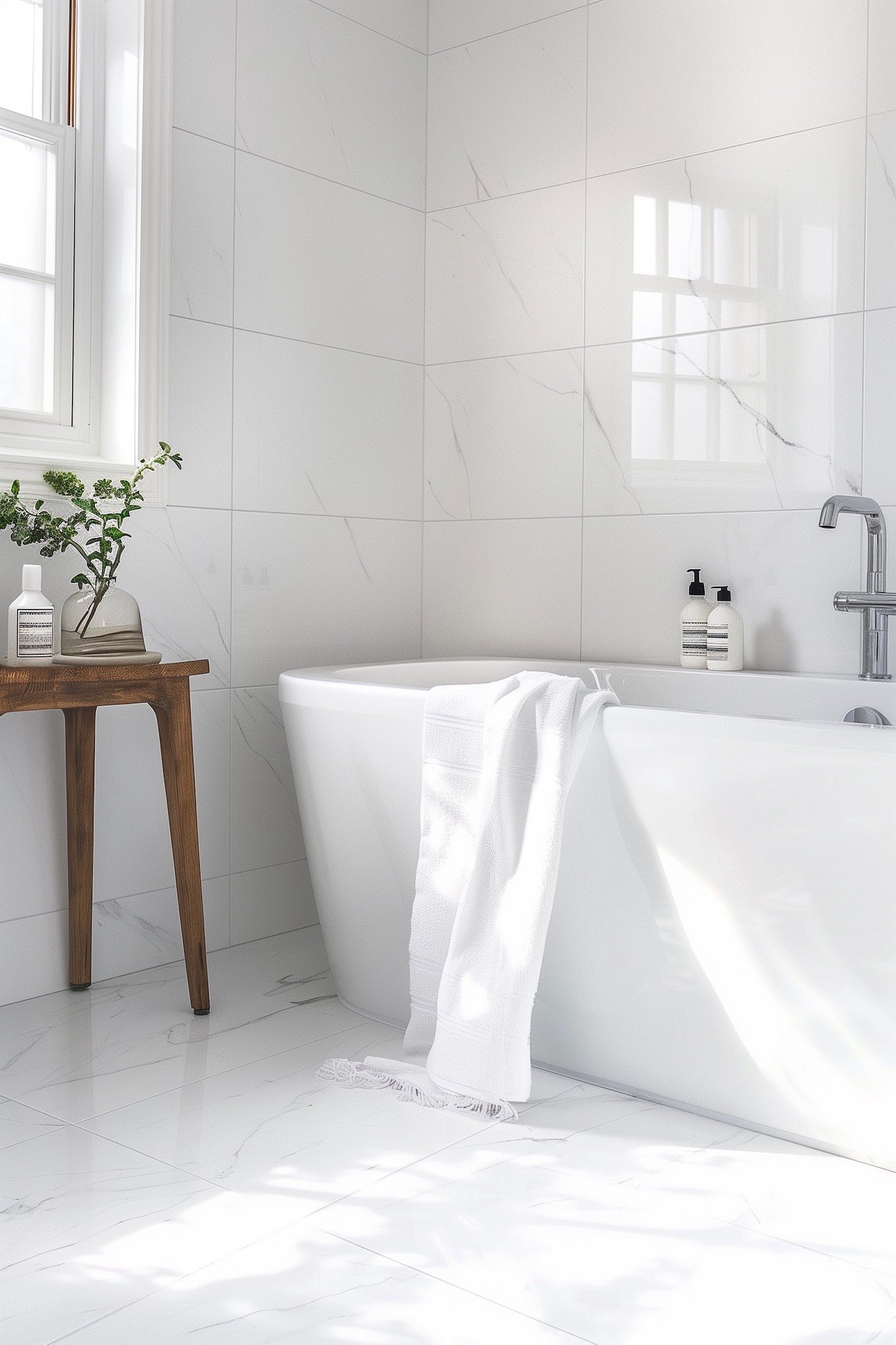 baignoire blanche tabouret bois carrelage effet marbre