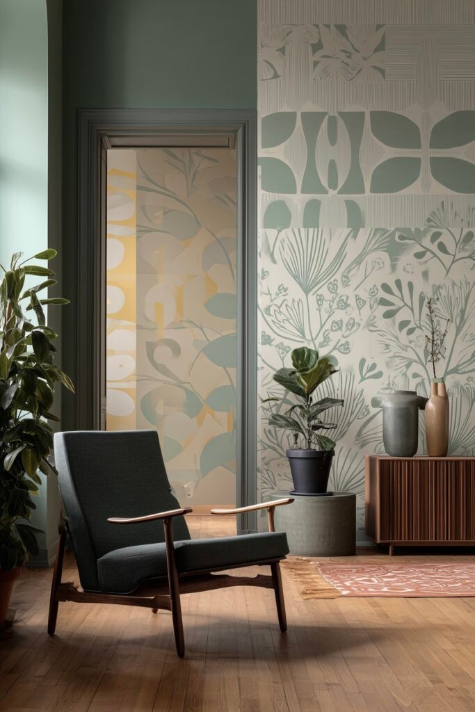 papier peint panoramique motif feuille scandinave vert sauge jaune