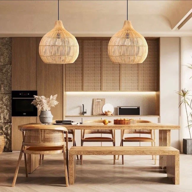 suspension boule double rotin salle à manger