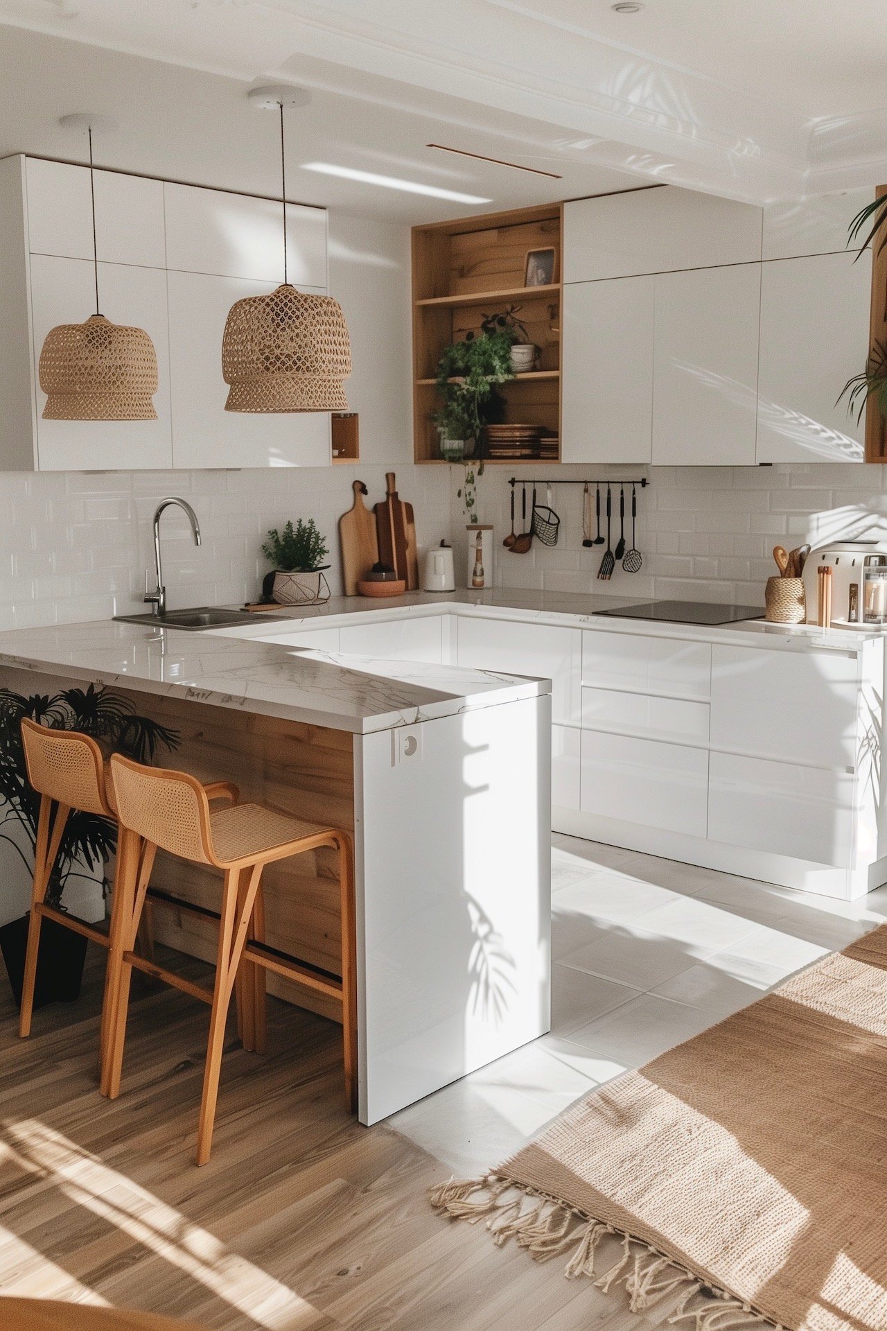 cuisine en U blanche bois minimaliste