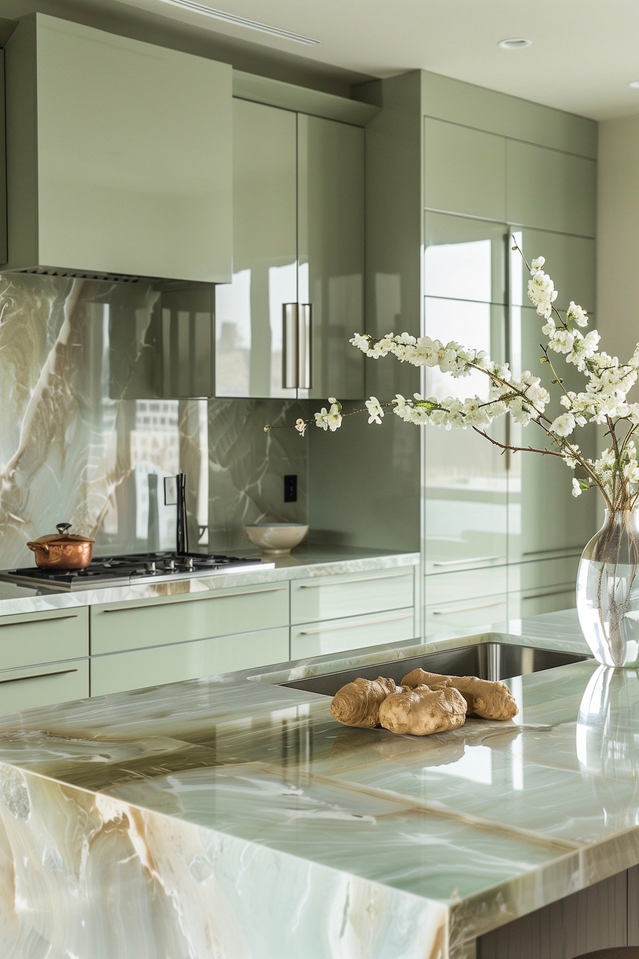 cuisine marbre vert marron laqué