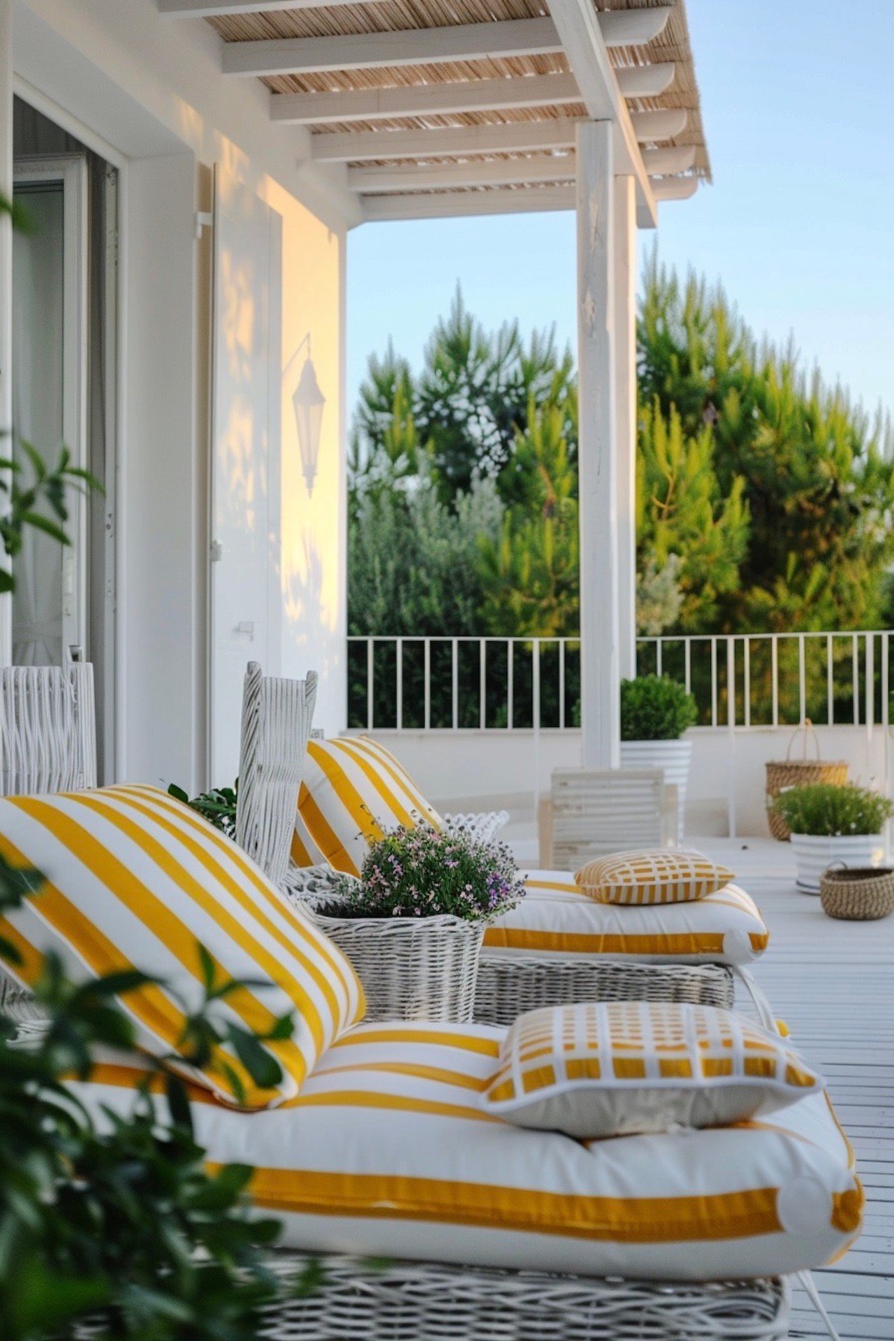 transat rotin blanc coussin tissu rayures blanches jaunes