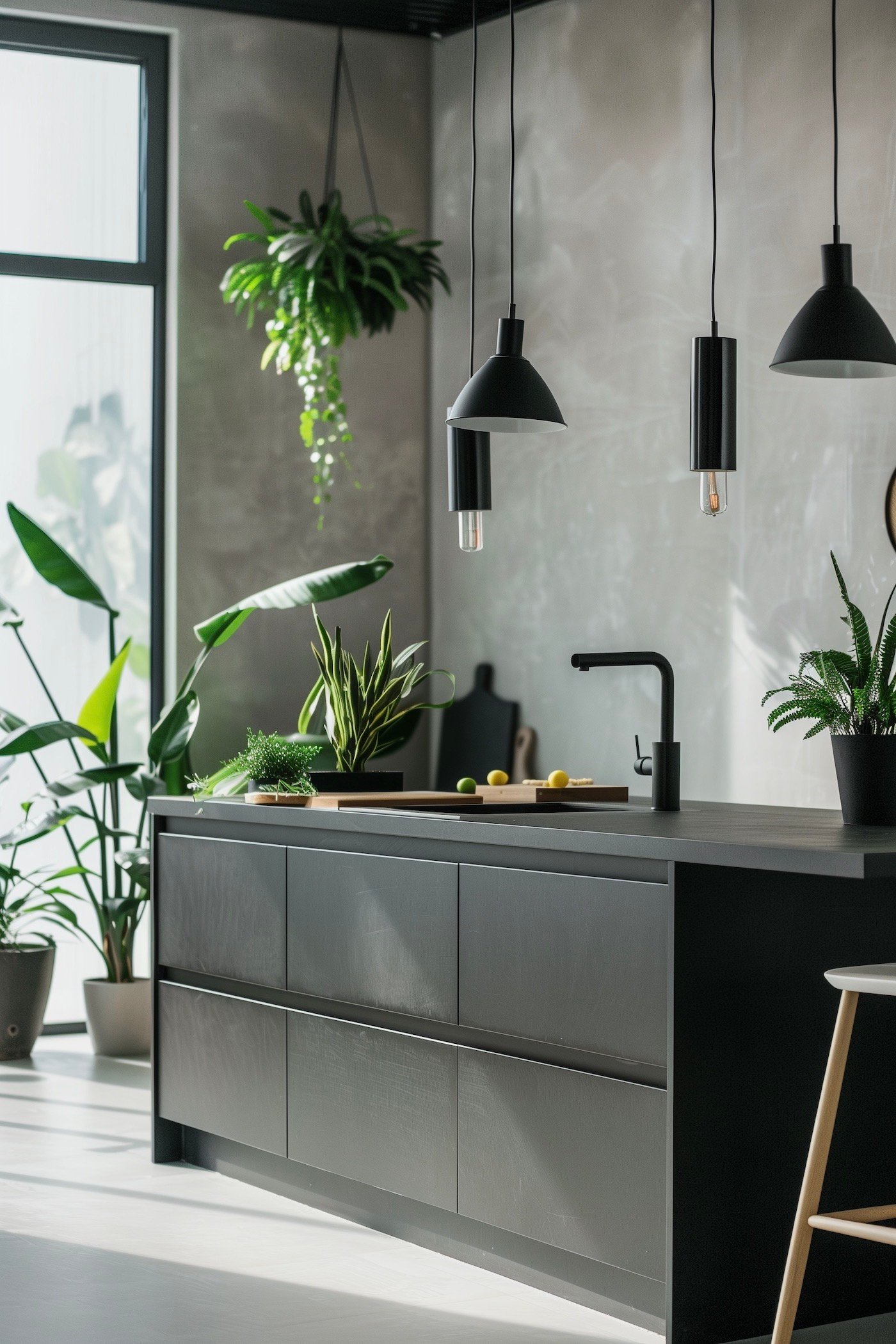 cuisine grise loft industrielle chlorophytum comosum plante dépolluante