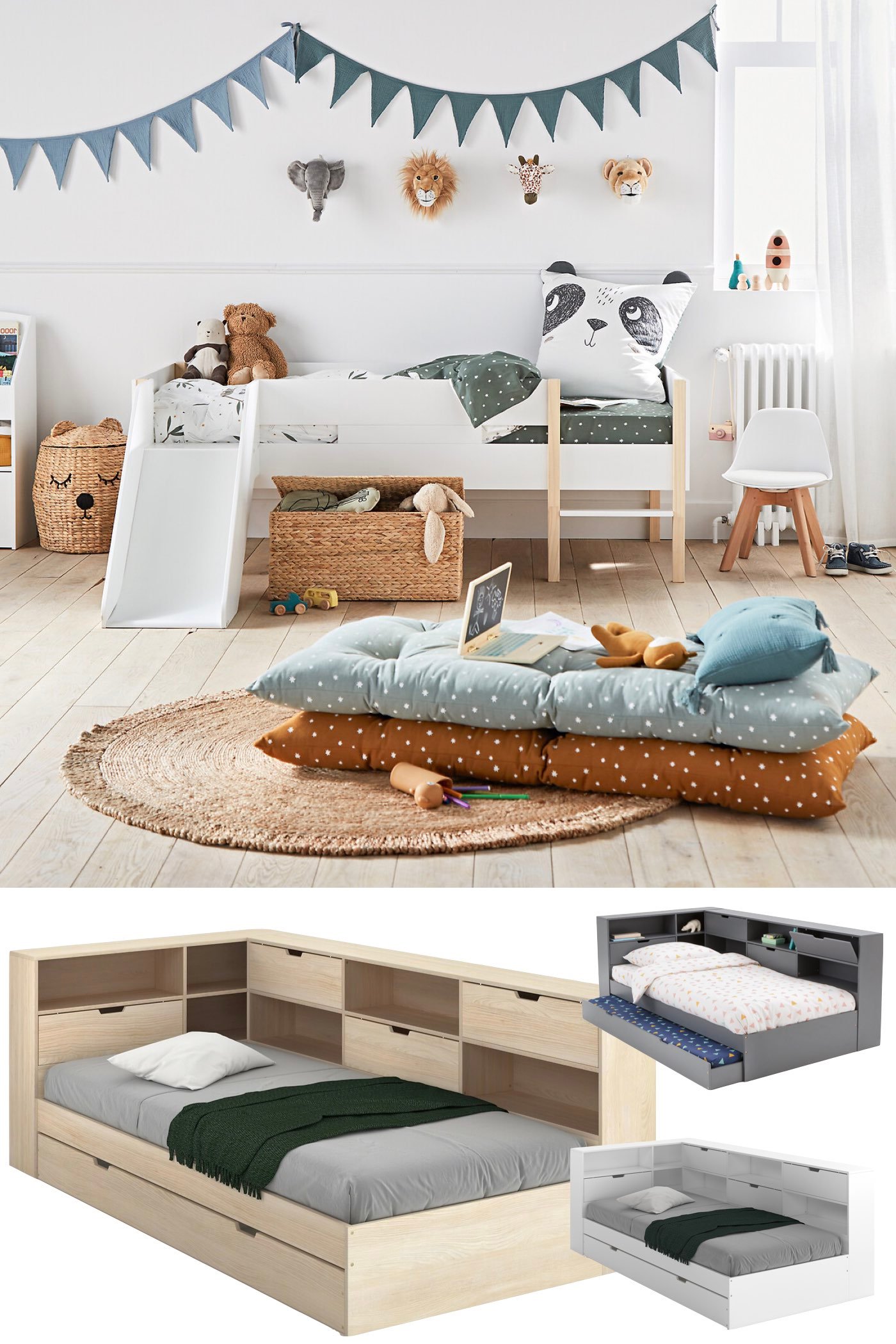 lit Montessori toboggan enfant blanc bois