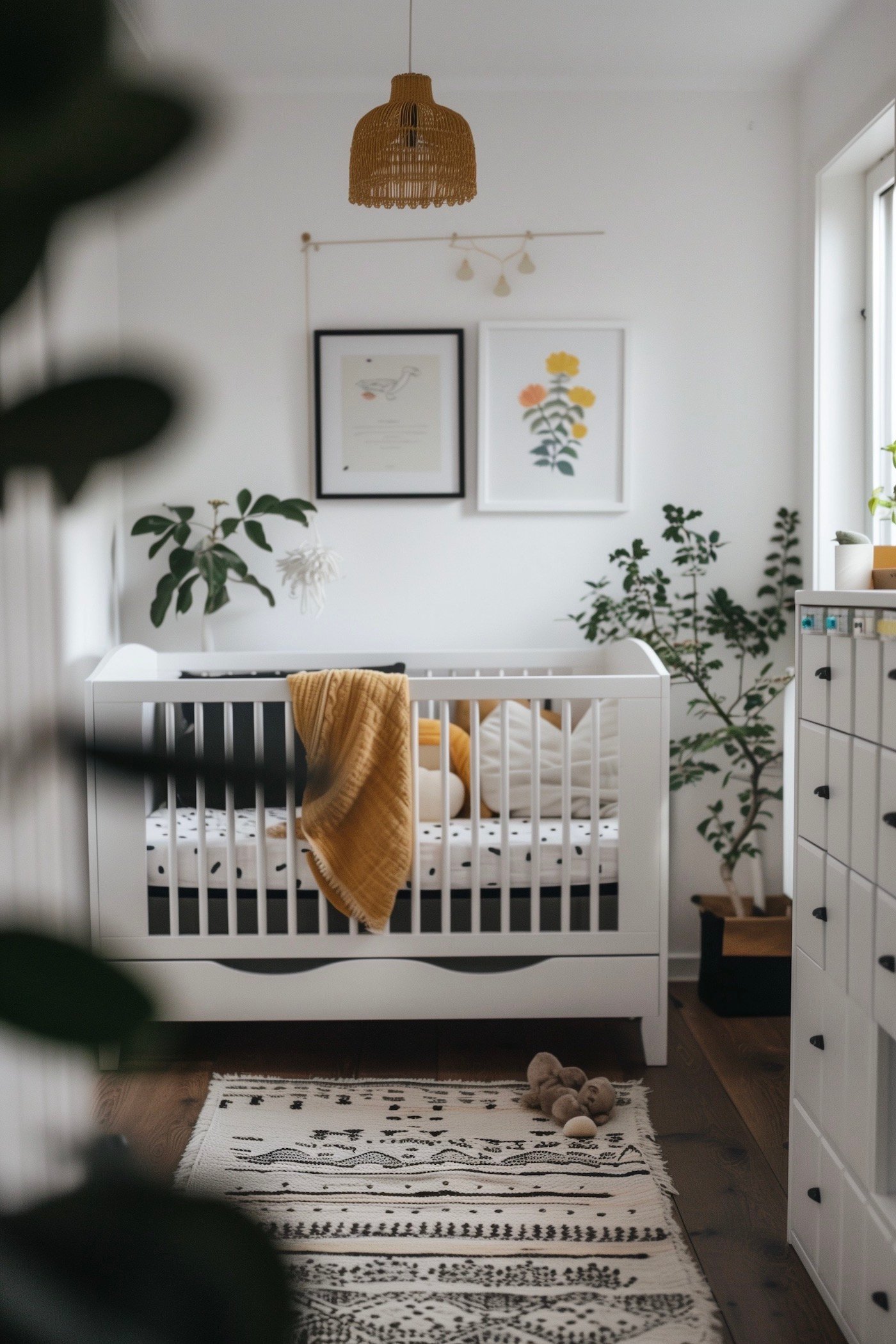 chambre bébé couleur blanche détail jaune moutarde vert sapin blog