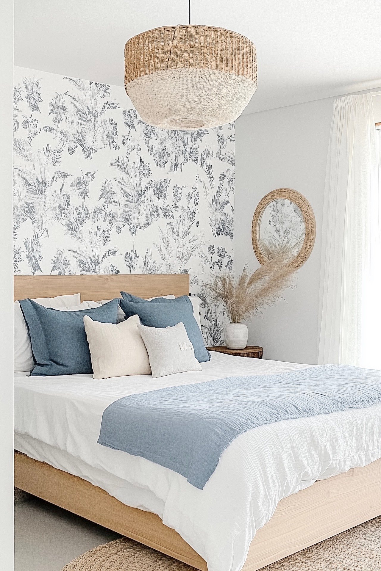 chambre moderne blanche suspension osier papier peint gris