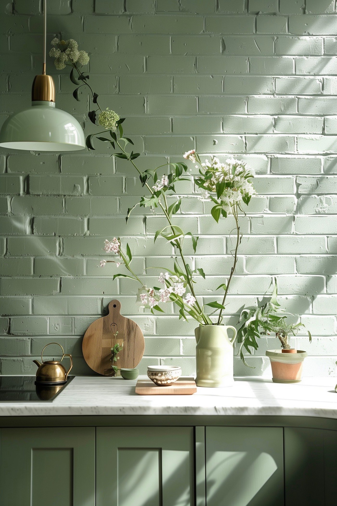 cuisine ton sur ton déco vert pastel marbre blanc