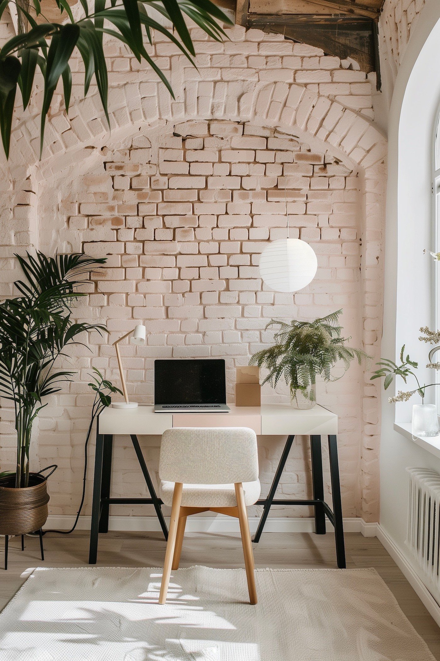 espace télétravail alcove blanche rose pale pastel