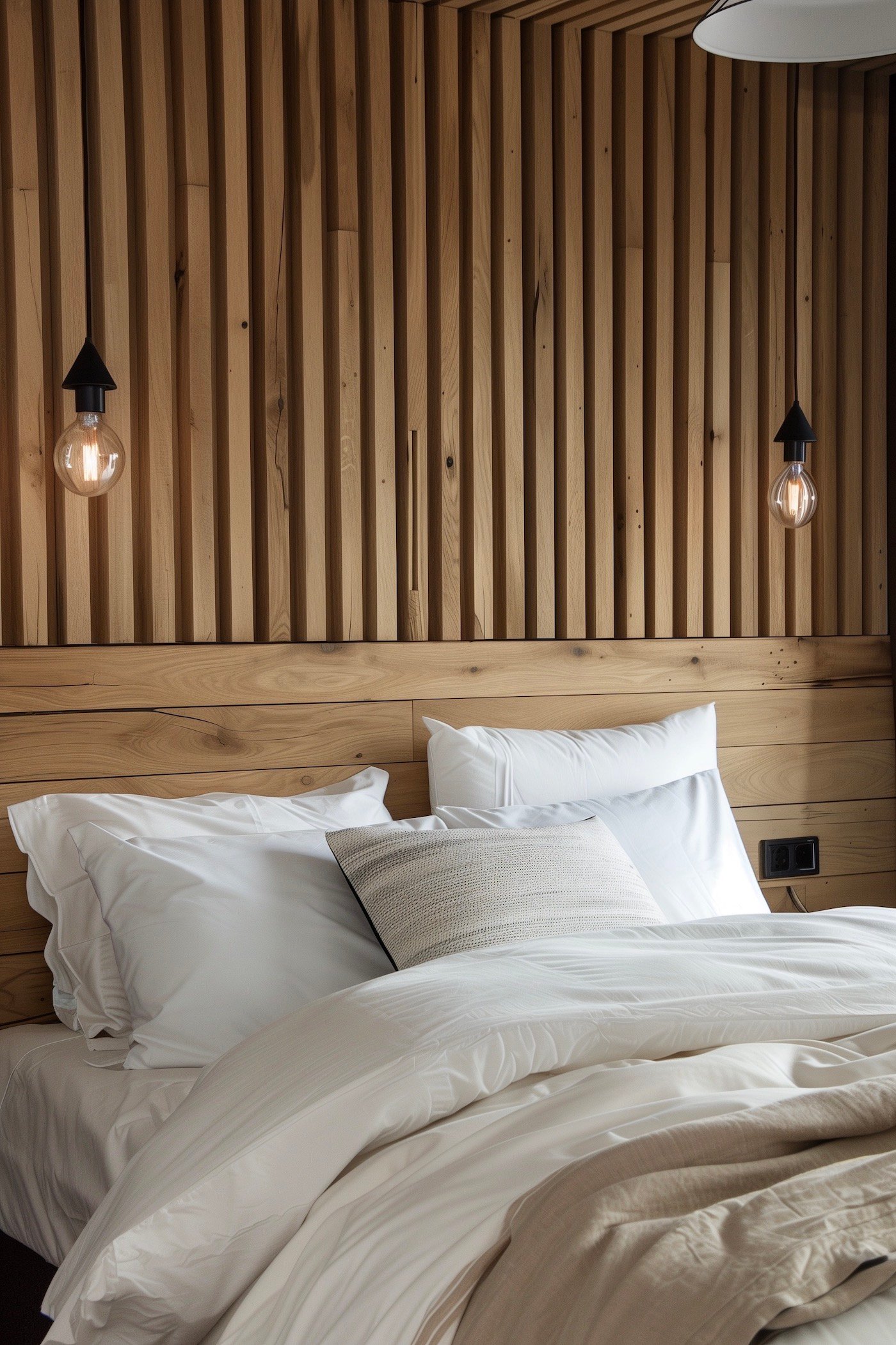 idée décoration chalet moderne chambre mur bois tasseaux verticaux