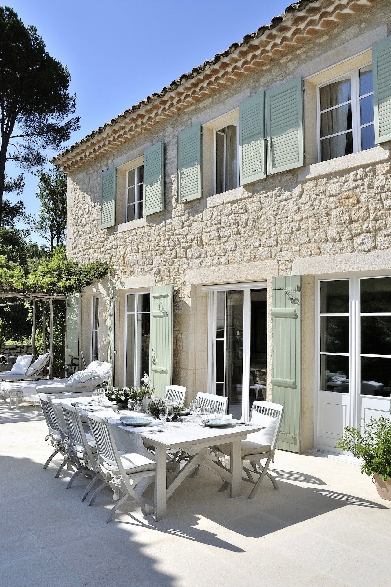 jardin terrasse extérieure table blanche maison pierre