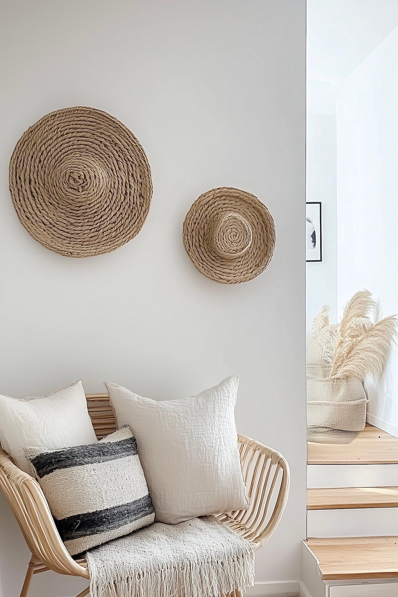 palier escalier blanc chaise bois coussin chapeau paille