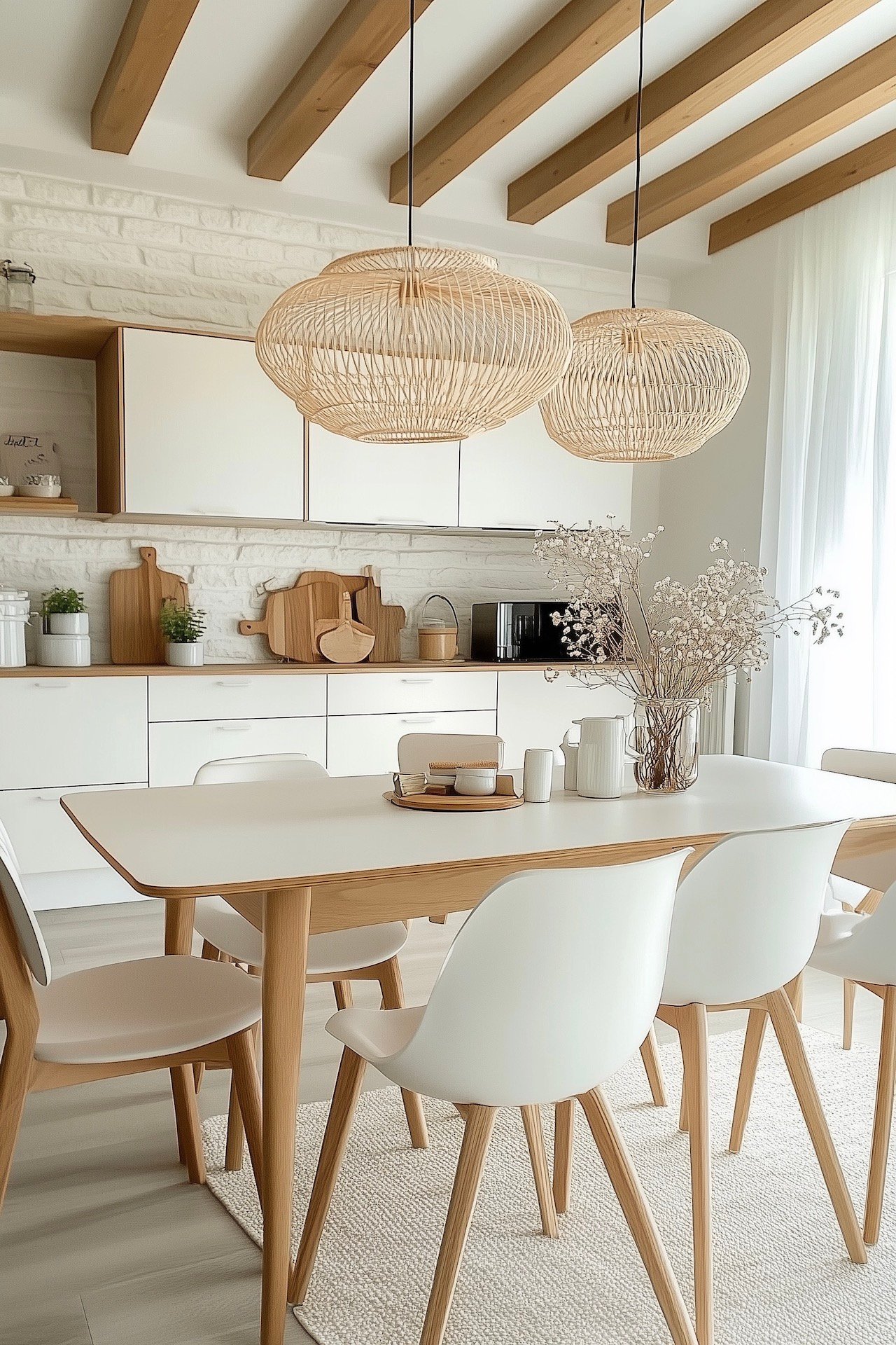 salle à manger bois blanc cuisine poutres apparentes