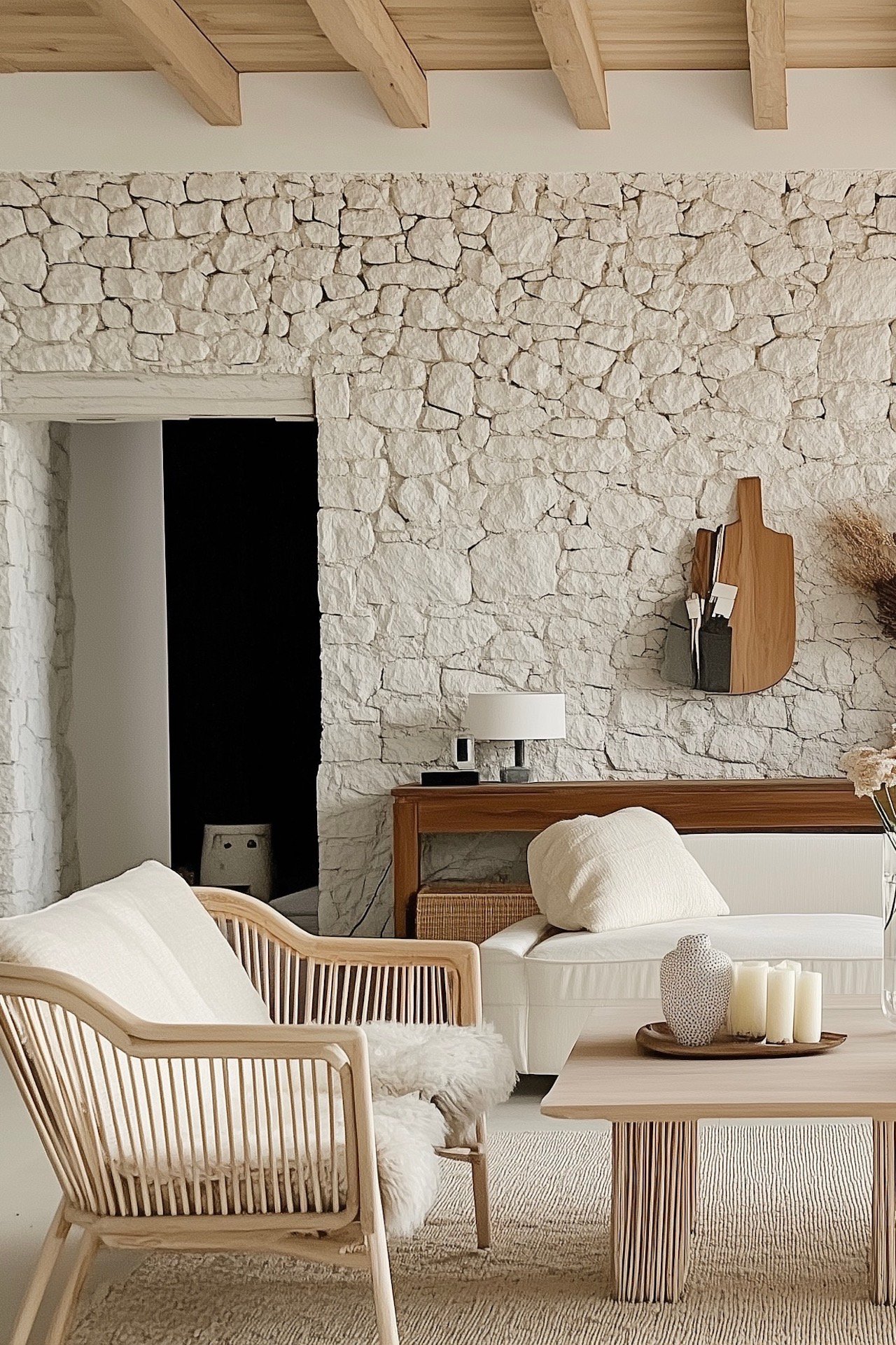 salon fauteuil bois design scandinave mur pierres blanches