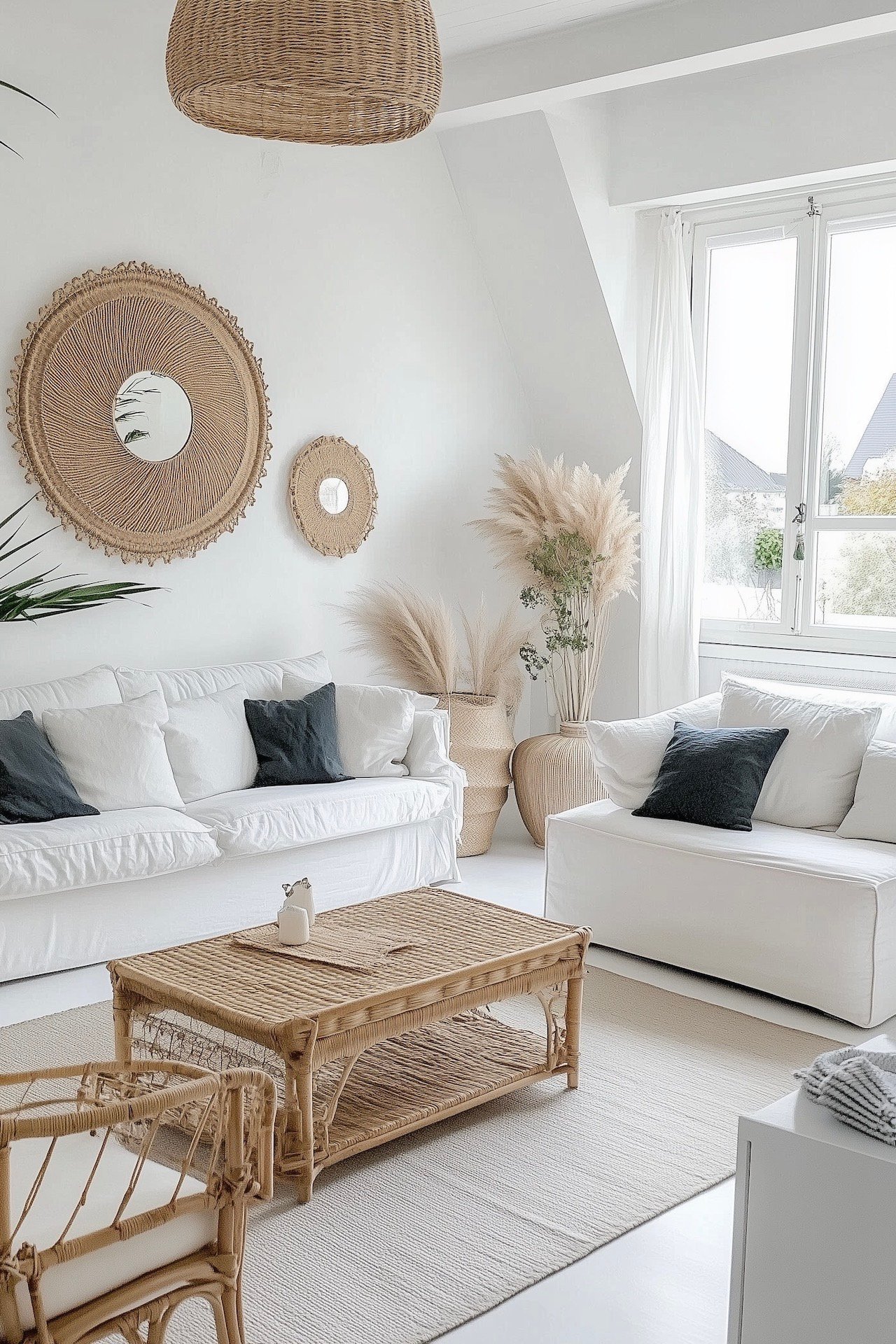 salon tapis canapé d'angle coussin miroir rotin suspension osier