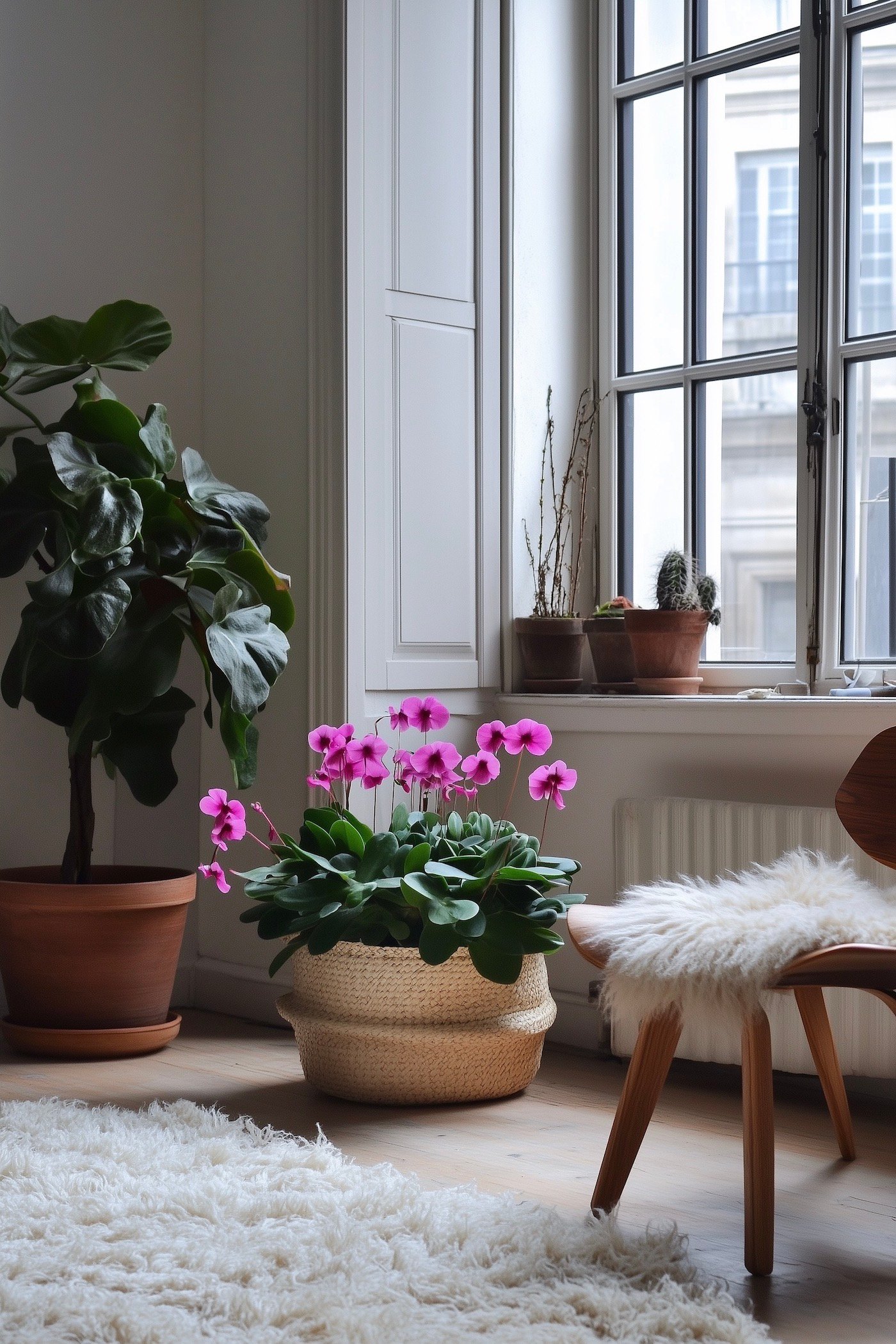 Cyclamen de Naples rose cache pot panier thailandais tressé