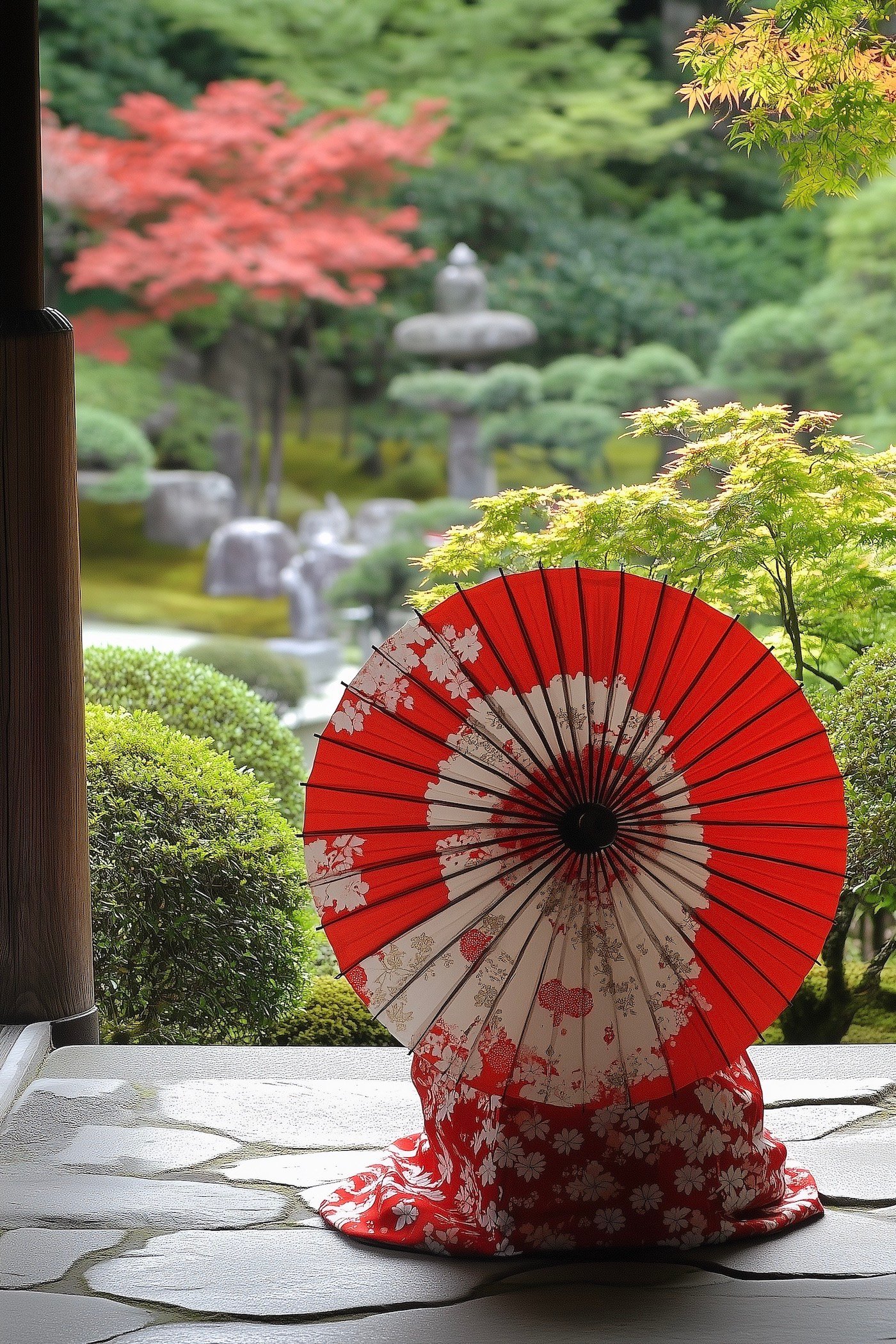 wagasa ombrelle rouge jardin zen