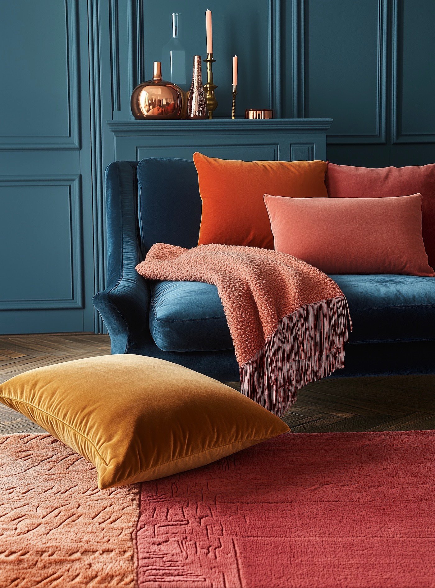 matière tendance 2025 velours coloré canapé bleu