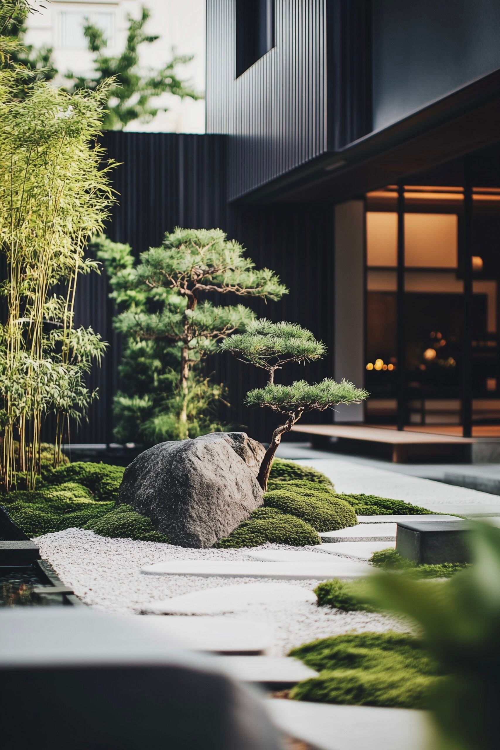 pas japonais petite terrasse zen rochers plantes vertes