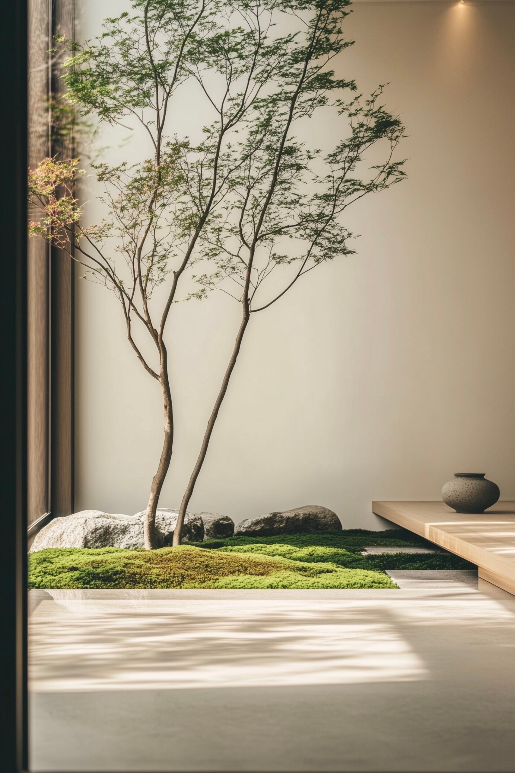 petite cour intérieur arbre pelouse carré végétal idée