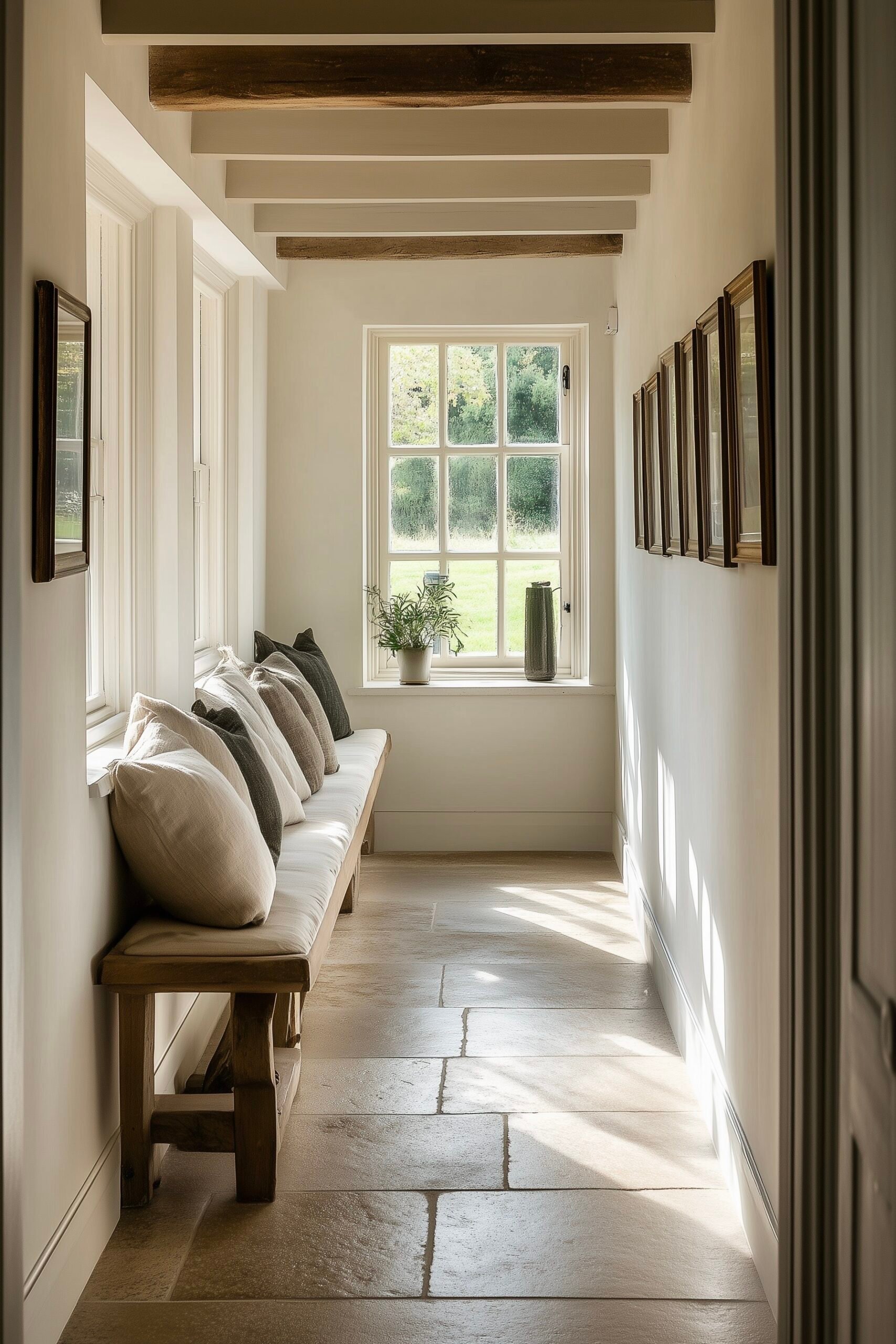 idée aménagement couloir entrée banc ancien coussin