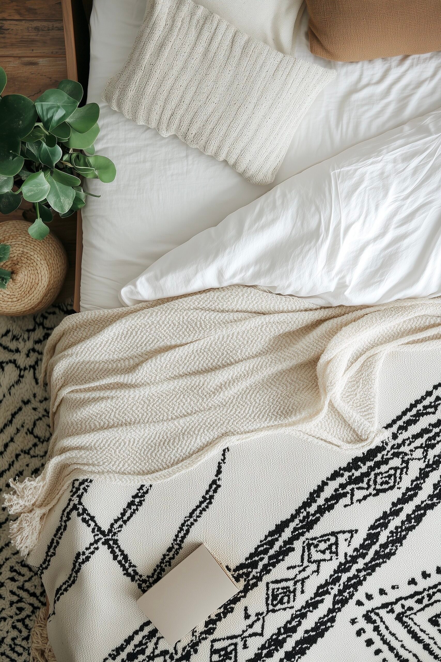 idée déco chambre lit bohème noir blanc coton laine