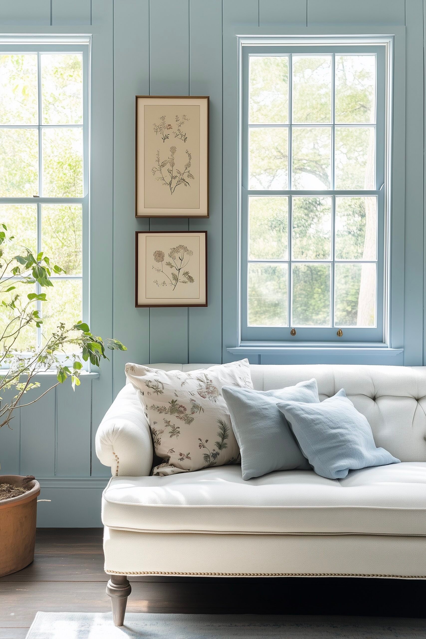 salon lumineux lambris peint bleu pastel canapé victorien