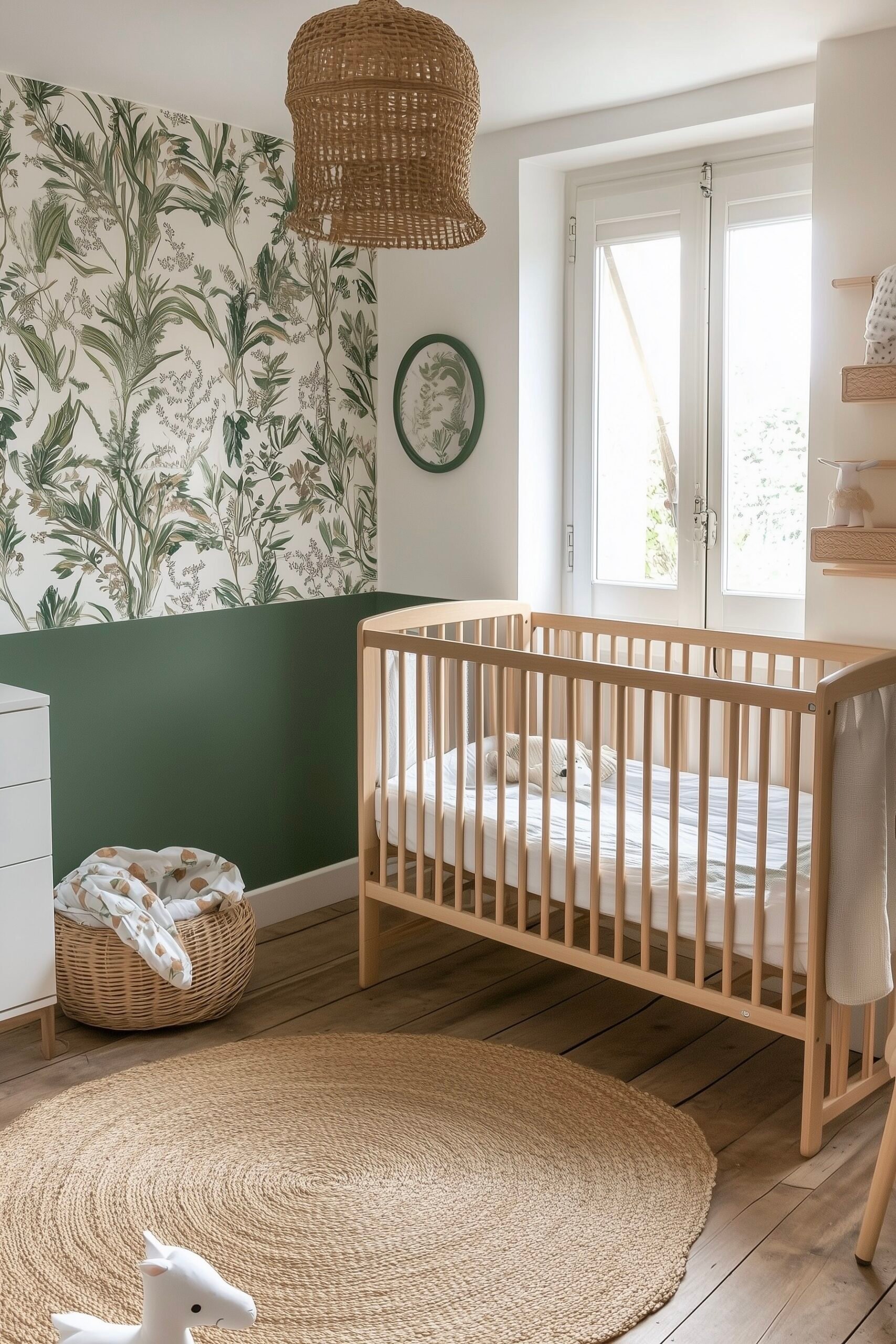 chambre bébé vert kaki papier peint tropical soubassement