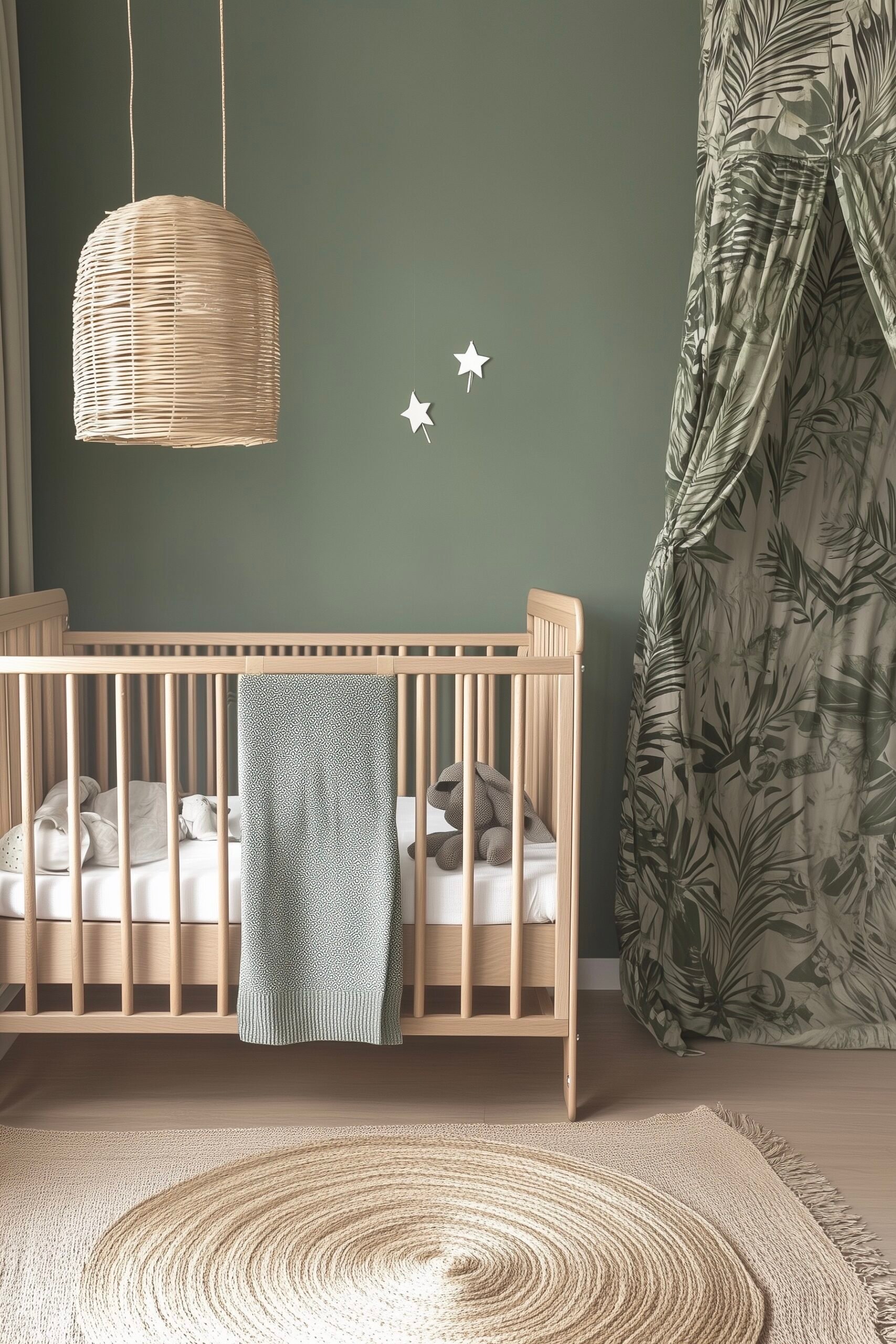 chambre bébé vert sauge mur tapis jungle